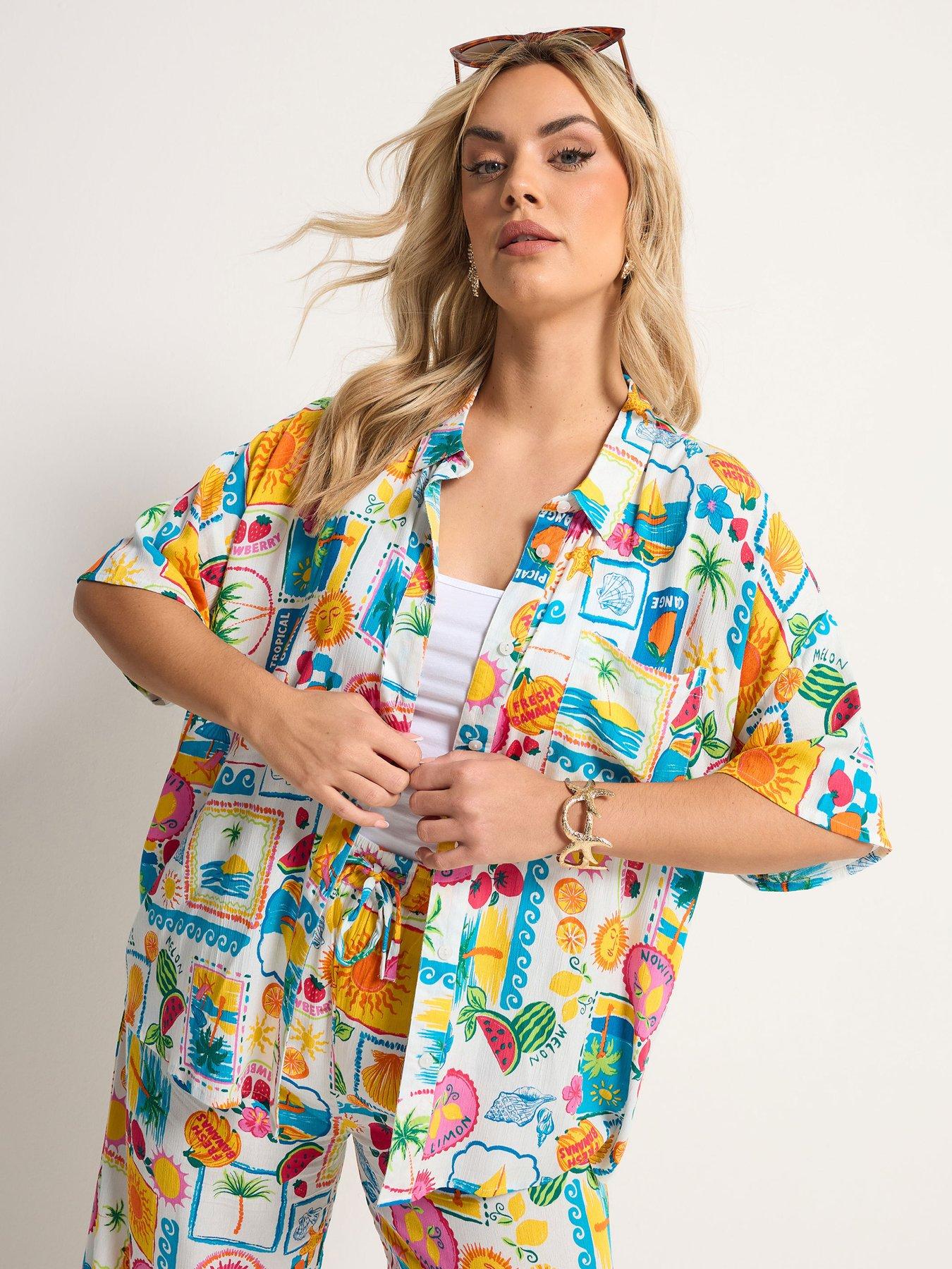 Image 1 of 5 of Yours Curve Short Sleeve postcard Print Crinkle Shirt - White