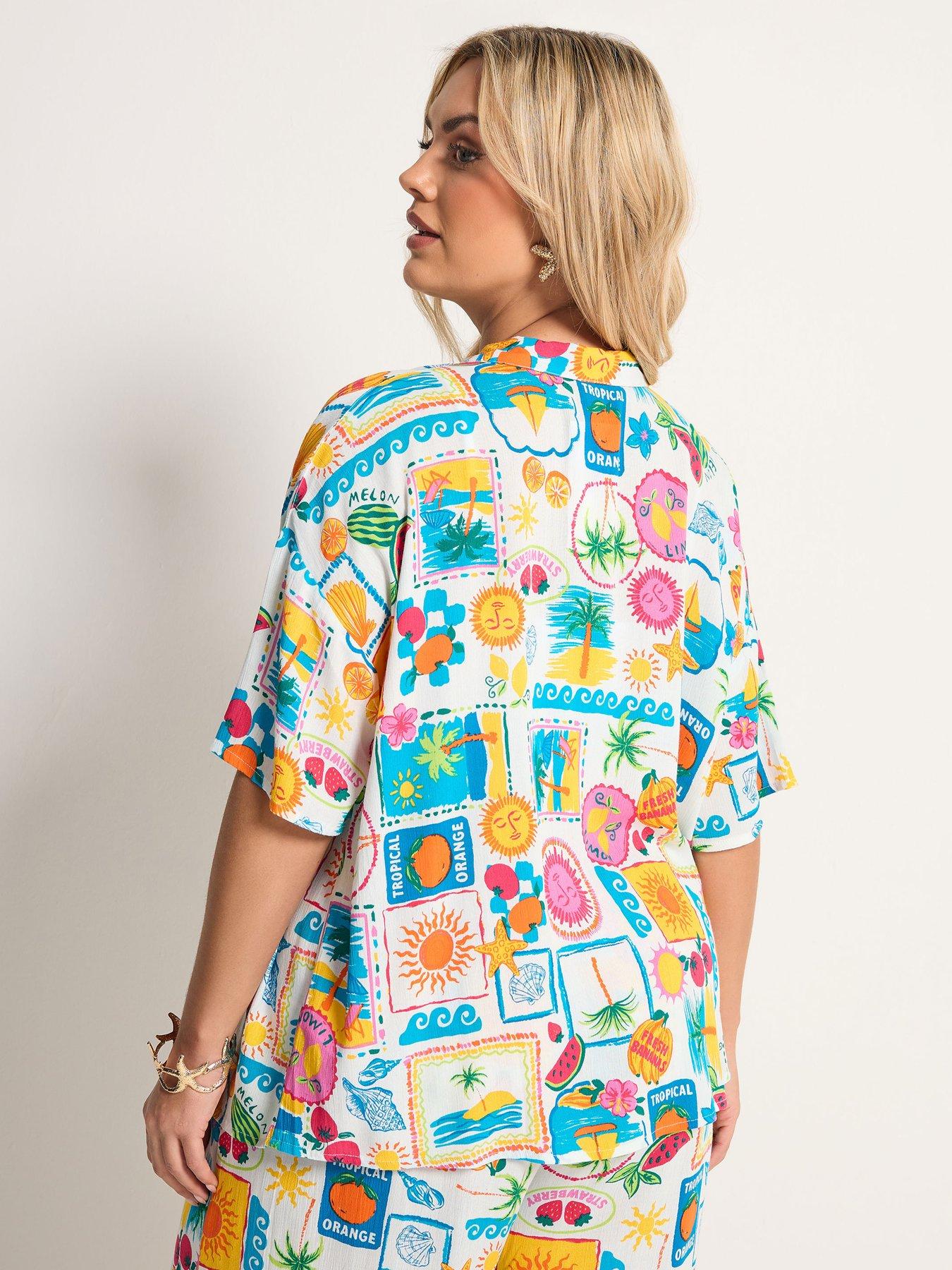 Image 2 of 5 of Yours Curve Short Sleeve postcard Print Crinkle Shirt - White