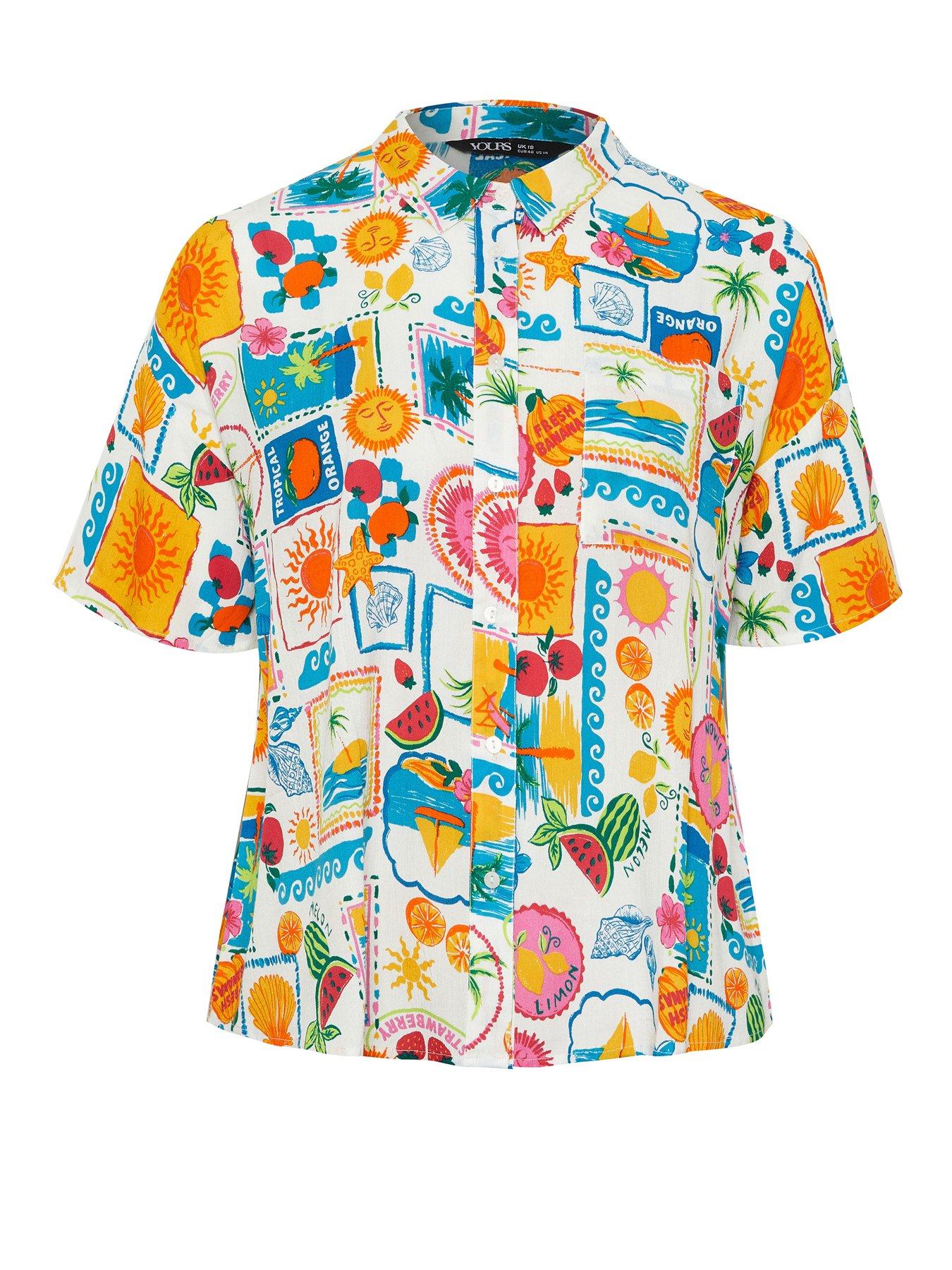 Image 5 of 5 of Yours Curve Short Sleeve postcard Print Crinkle Shirt - White