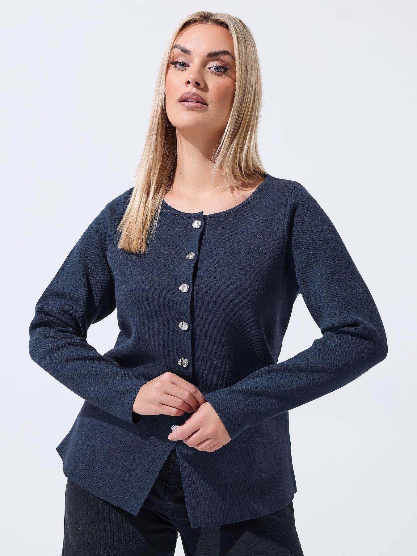 Yours Curve Long Sleeve Button Knit Top - Blue