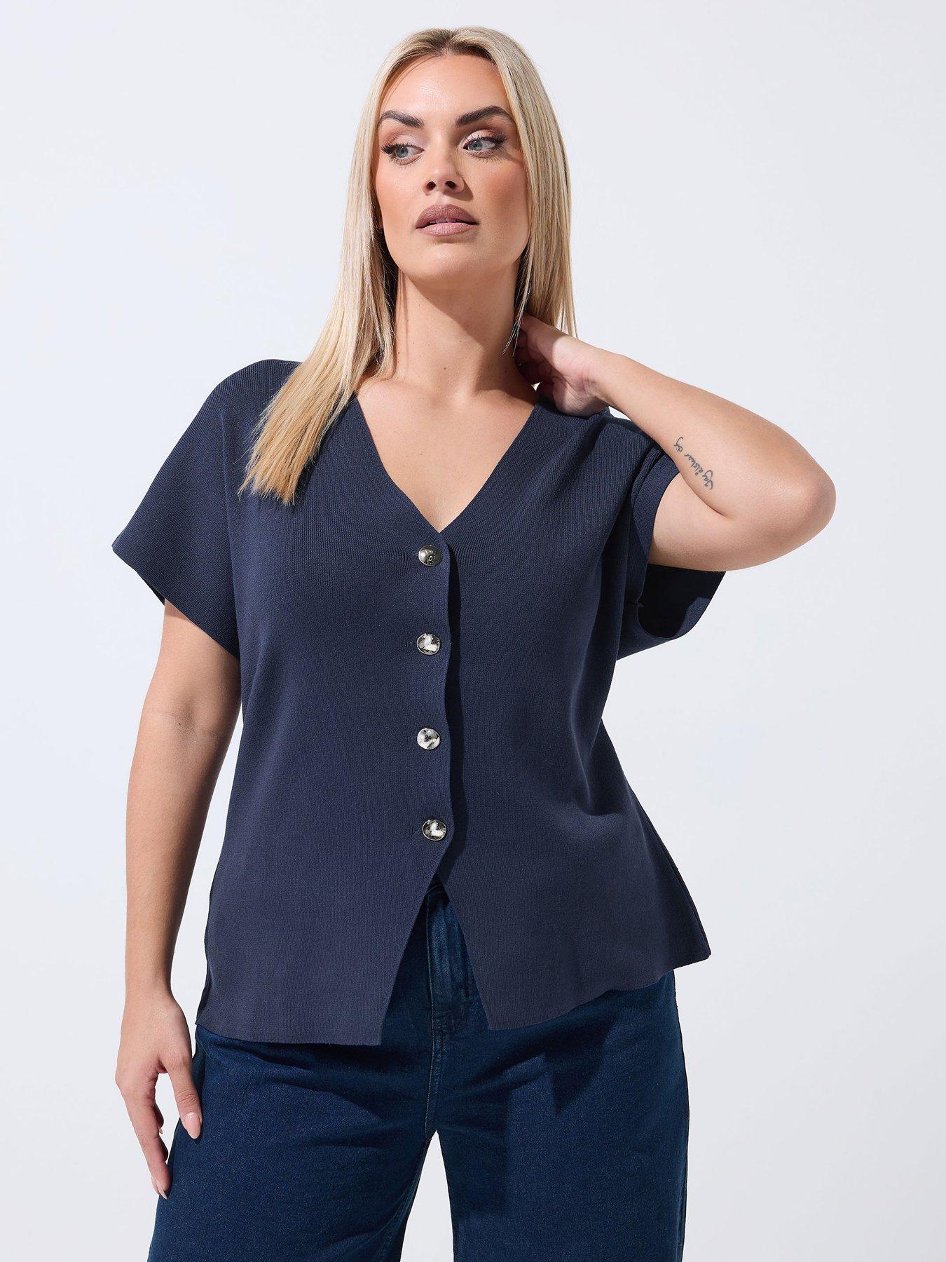 Yours Curve Short Sleeve Knitted Top - Blue