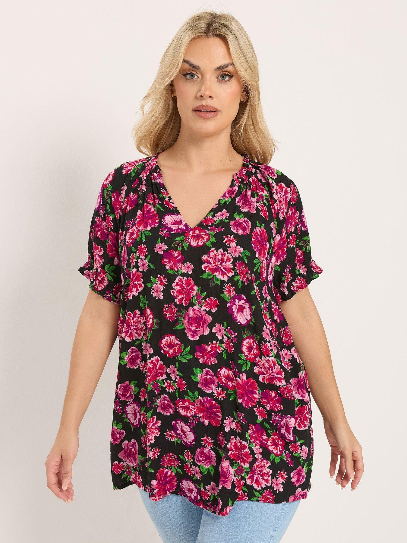 Image 1 of 5 of Yours Curve Gypsy Crinkle Notchneck Top - Pink