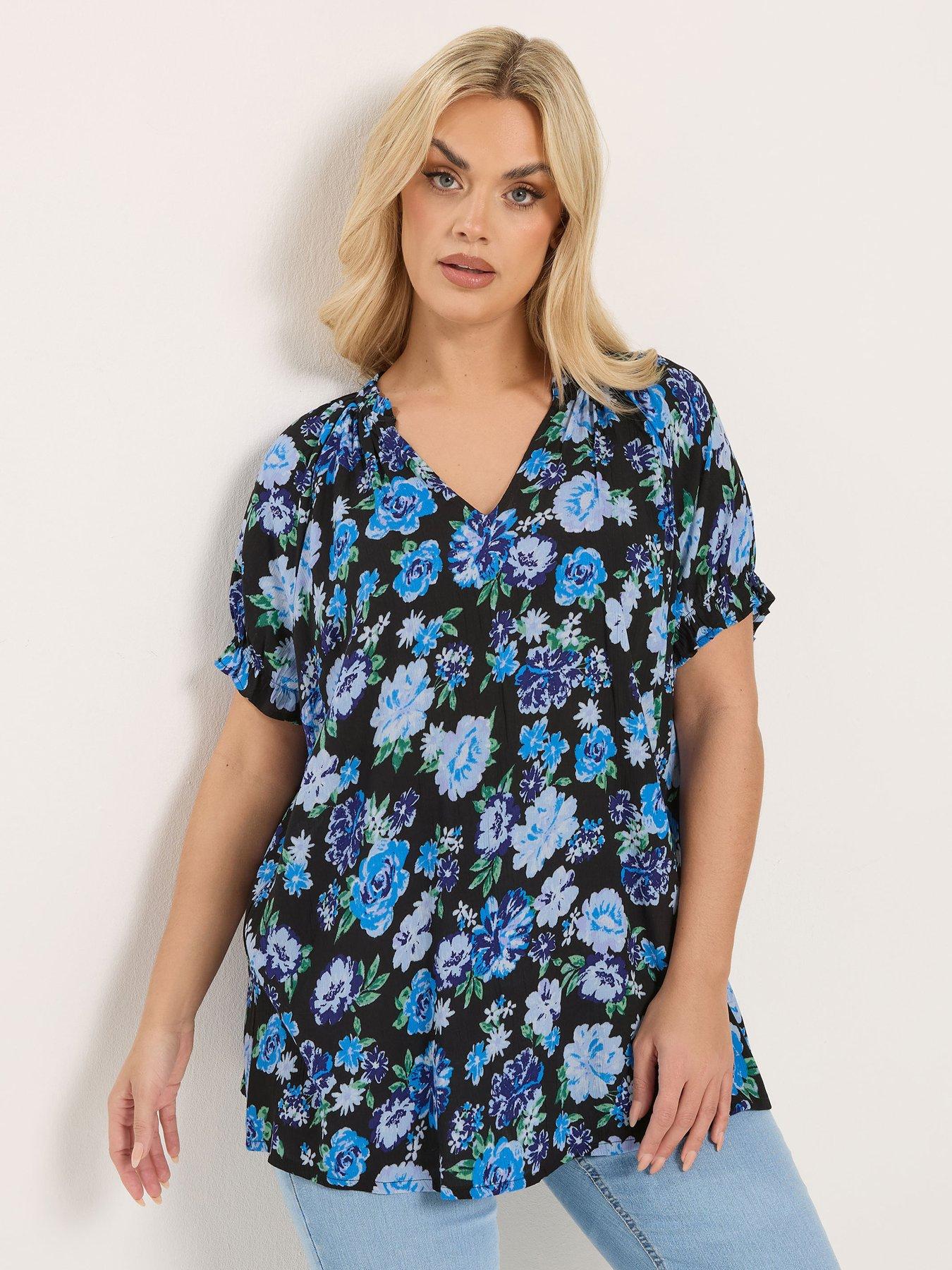 Image 1 of 4 of Yours Curve Gypsy Crinkle Notch Neck Top - Blue