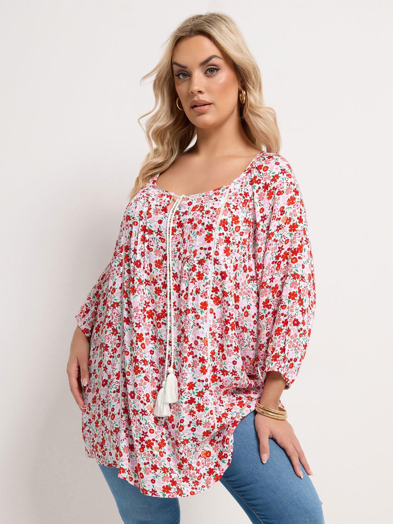 Yours Curve Long Sleeve Ditsy Print Gypsy Top - Red