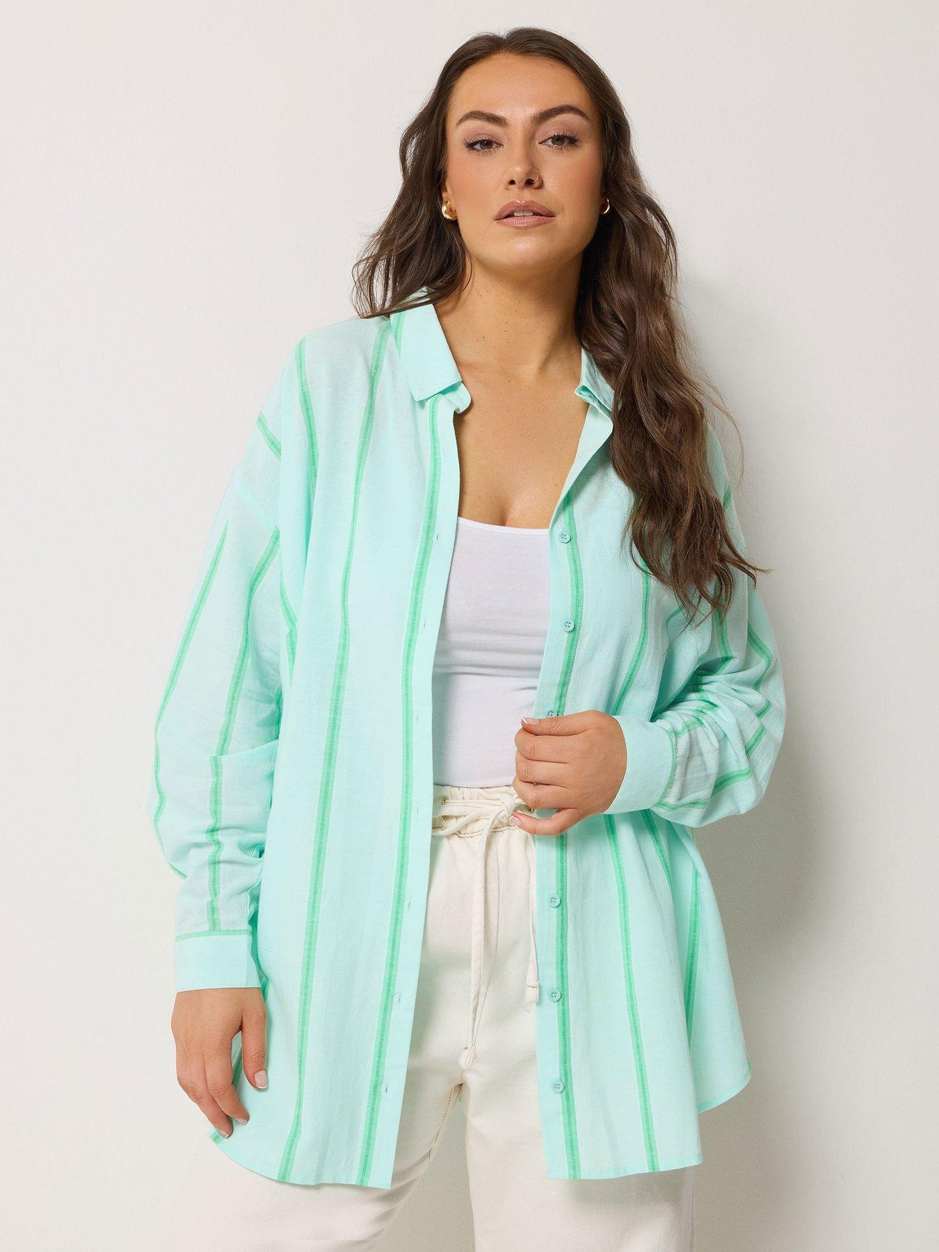 Yours Curve Long Sleeve Striped Linen Shirt - Blue/Green