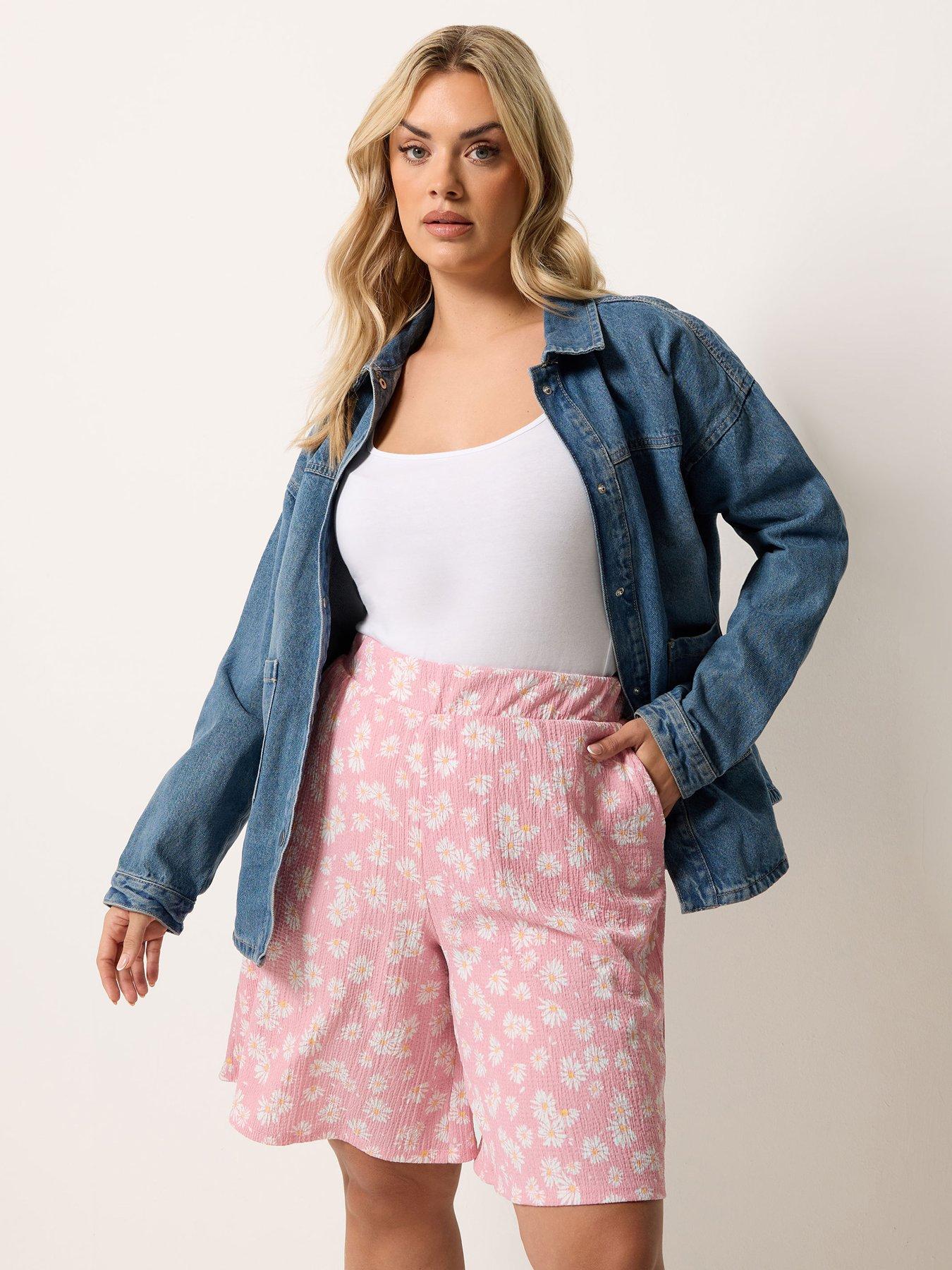 Yours Curve Jersey Crinkle Daisy Print Shorts