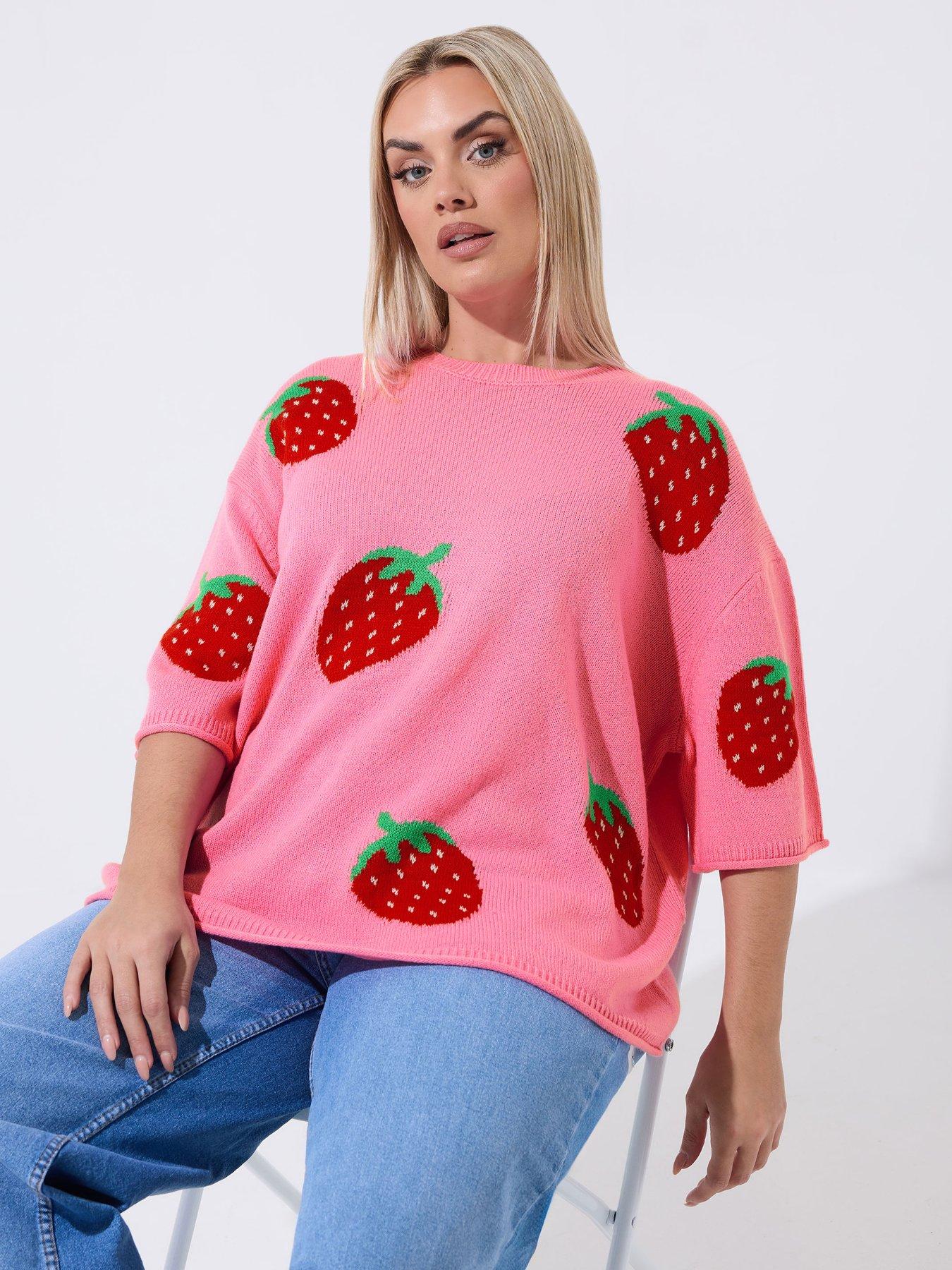 Yours Curve Strawberry Knit Boxy Top - Pink