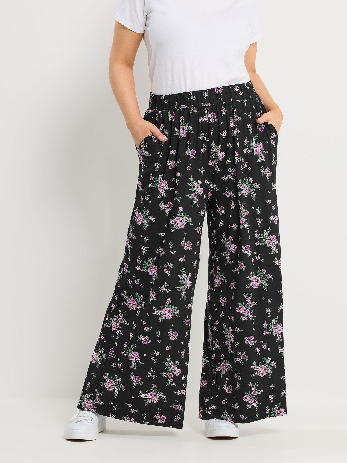 Yours Curve Jersey Wide Leg Floral Printed Trousers - Black