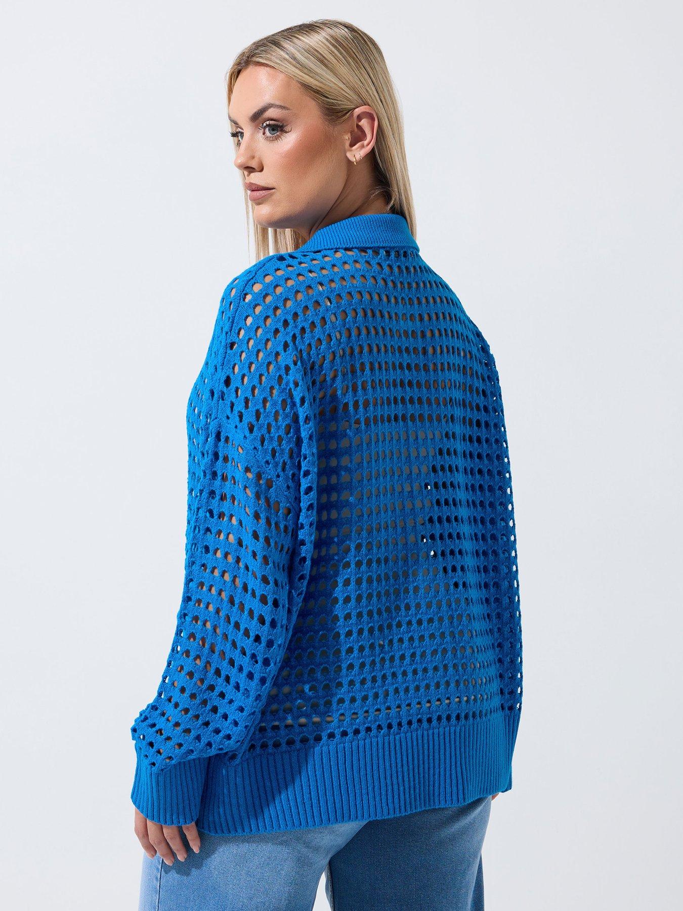 Image 2 of 5 of Yours Curve Crochet Collar Long Sleeve Shirt - Blue