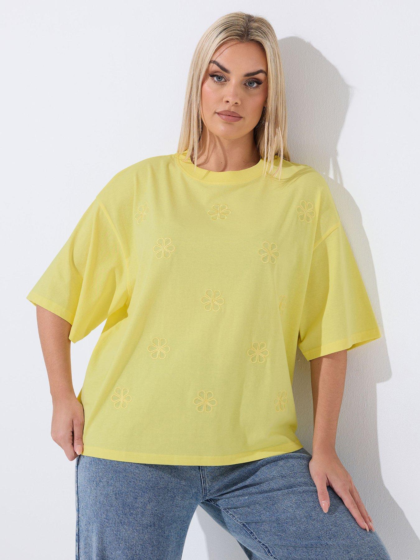 Yours Curve Floral Embroidered T-Shirt - Yellow