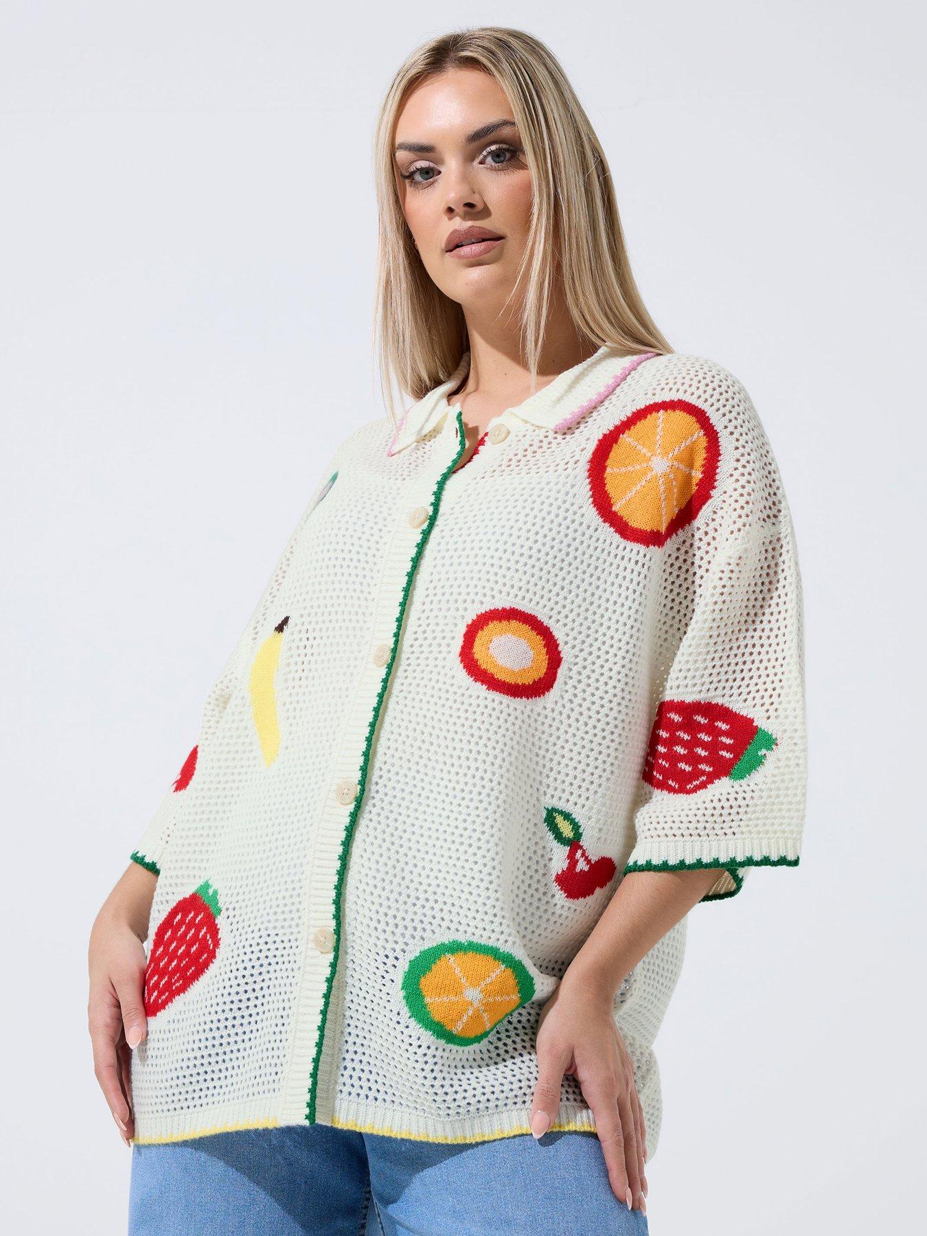 Yours Curve Fruit Print Crochet Shirt - White