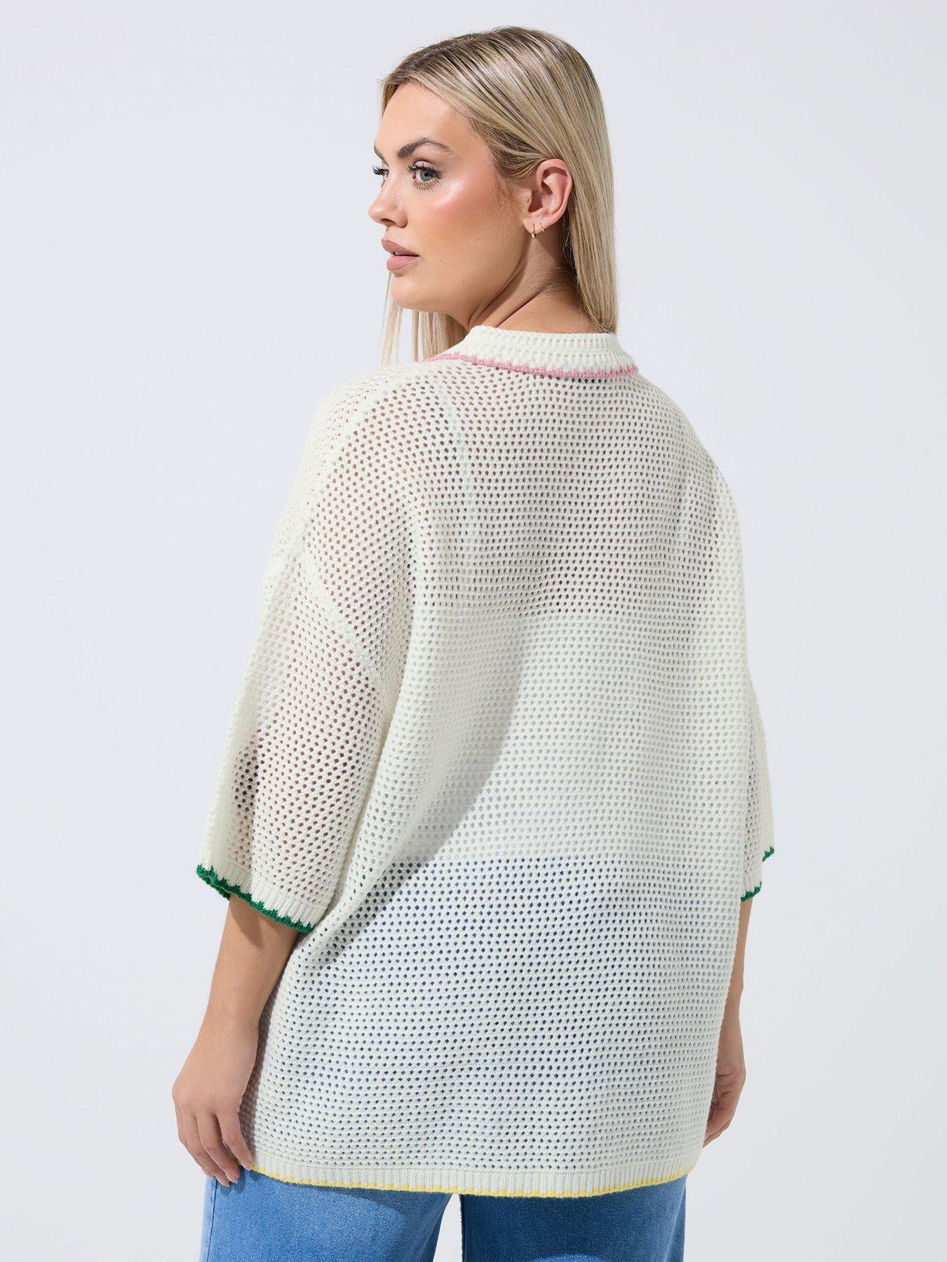 Image 2 of 5 of Yours Curve Fruit Print Crochet Shirt - White