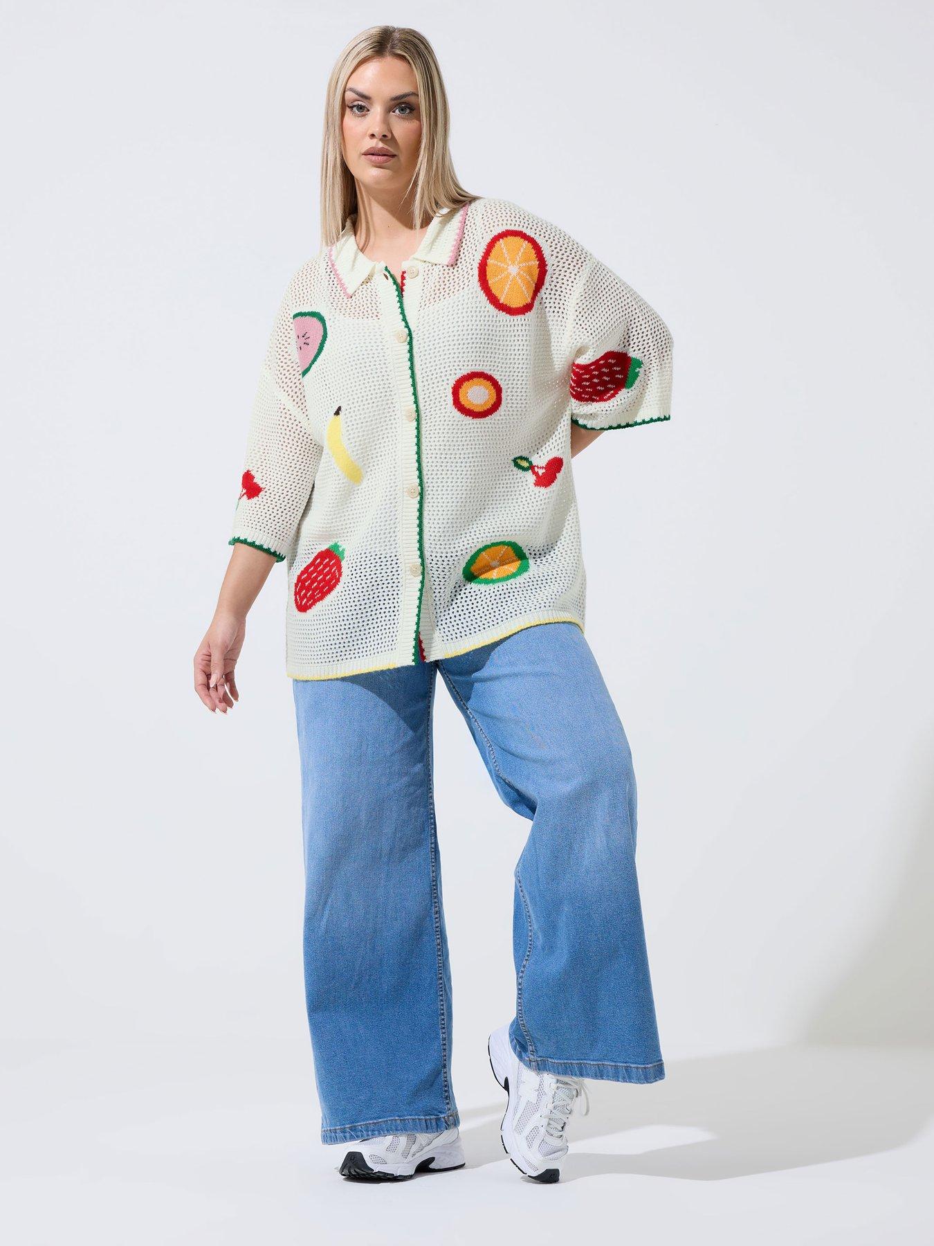 Image 3 of 5 of Yours Curve Fruit Print Crochet Shirt - White