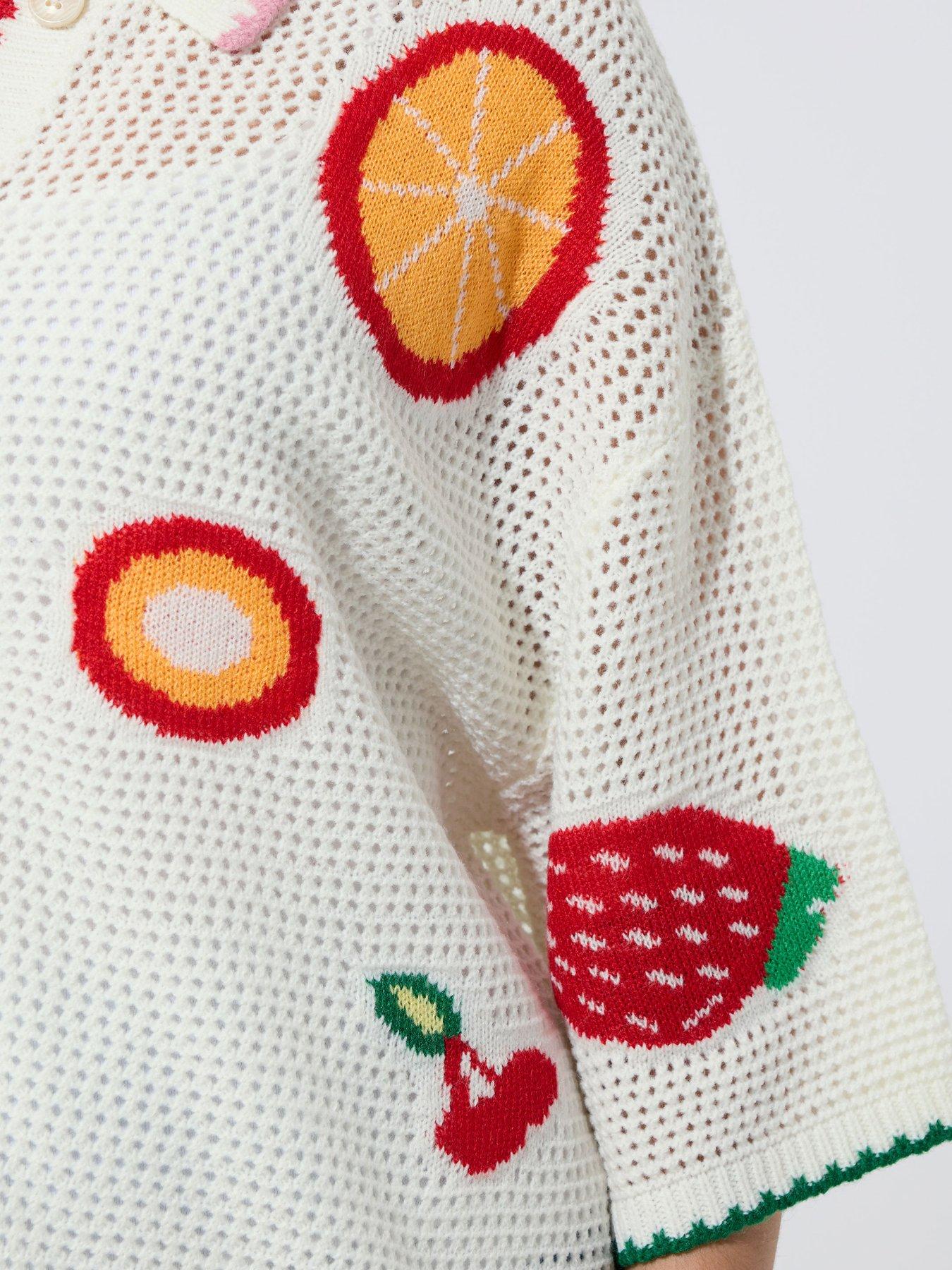 Image 4 of 5 of Yours Curve Fruit Print Crochet Shirt - White