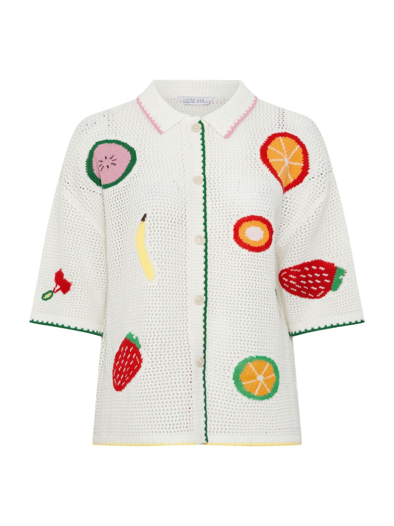 Image 5 of 5 of Yours Curve Fruit Print Crochet Shirt - White