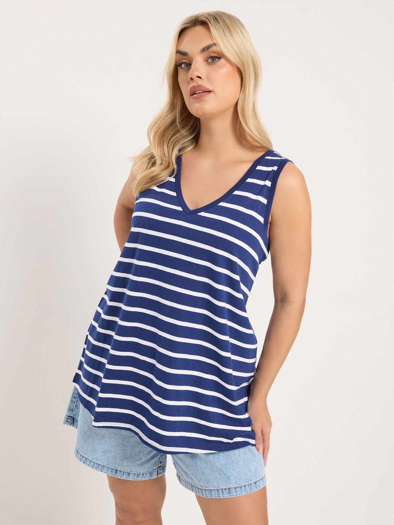 Yours Curve Cotton V-Neck Striped Vest Top - Blue
