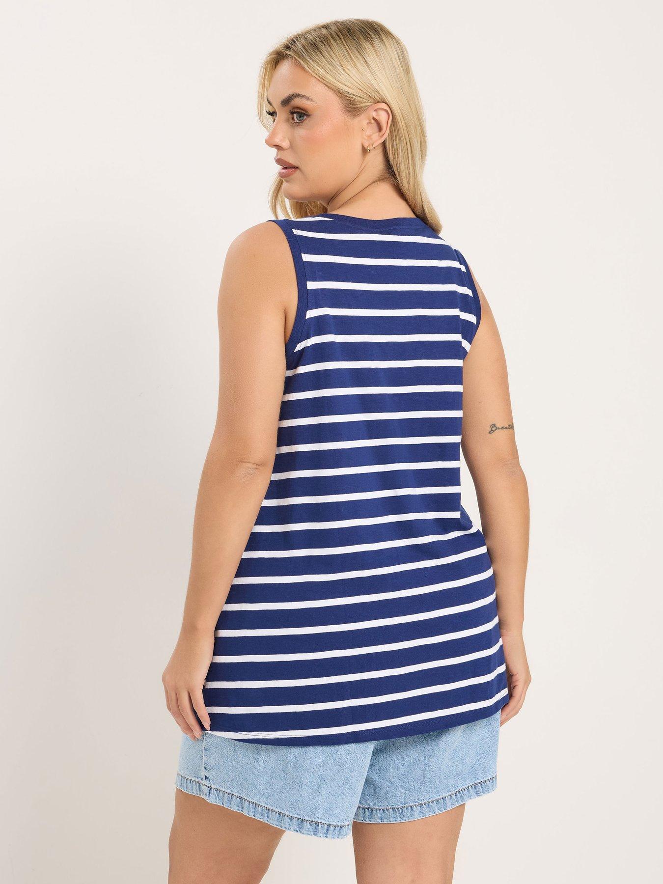 Image 2 of 5 of Yours Curve Cotton V-Neck Striped Vest Top - Blue