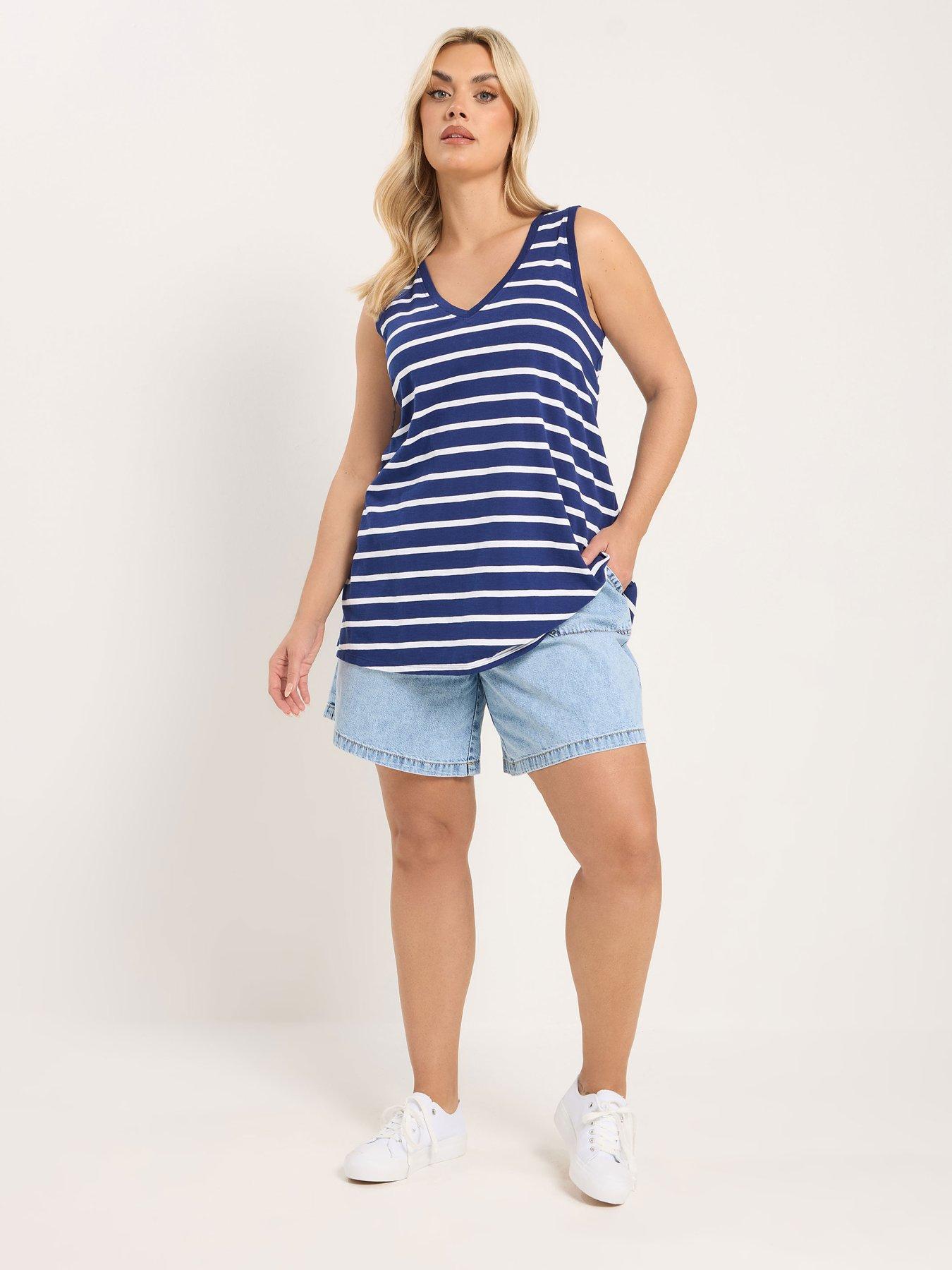 Image 3 of 5 of Yours Curve Cotton V-Neck Striped Vest Top - Blue