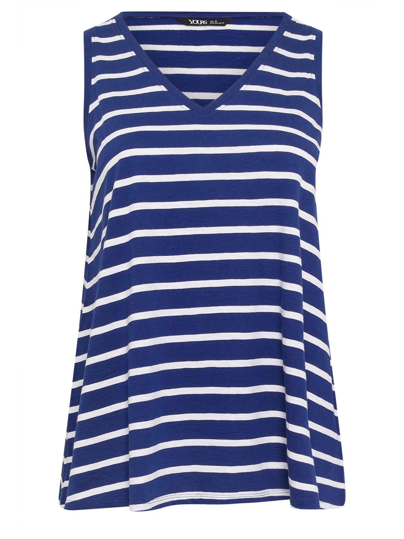 Image 5 of 5 of Yours Curve Cotton V-Neck Striped Vest Top - Blue