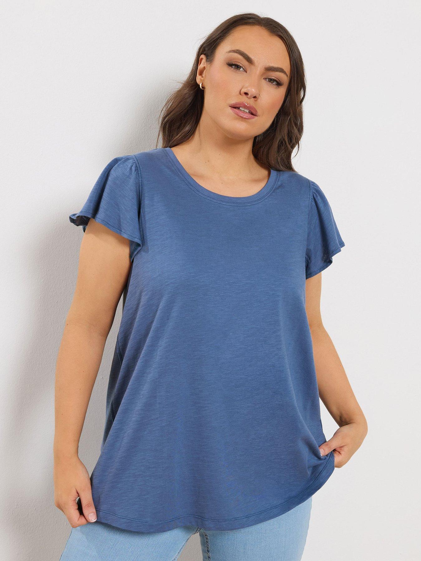 Image 1 of 5 of Yours Curve Frill Sleeve T-Shirt - Blue