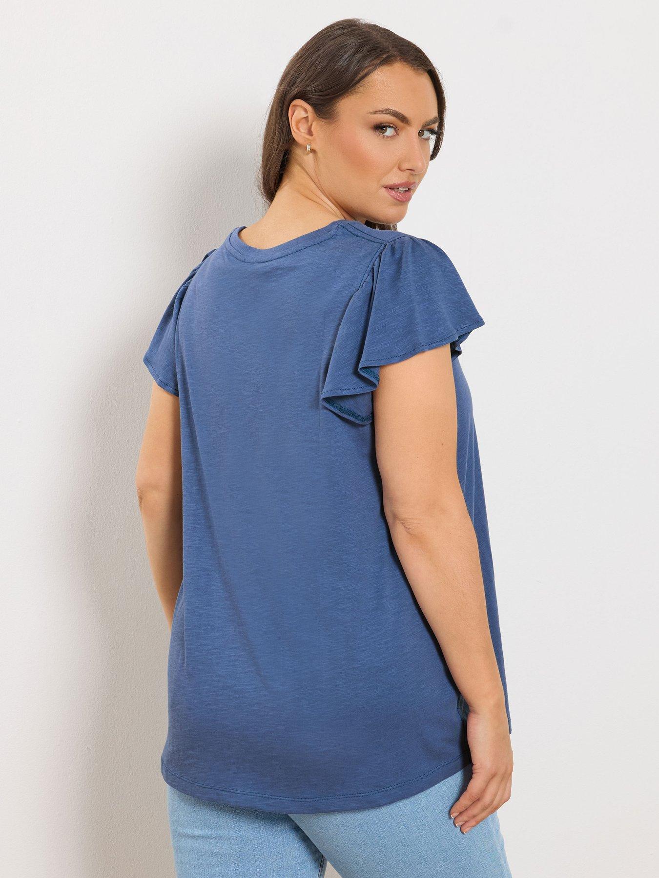 Image 2 of 5 of Yours Curve Frill Sleeve T-Shirt - Blue