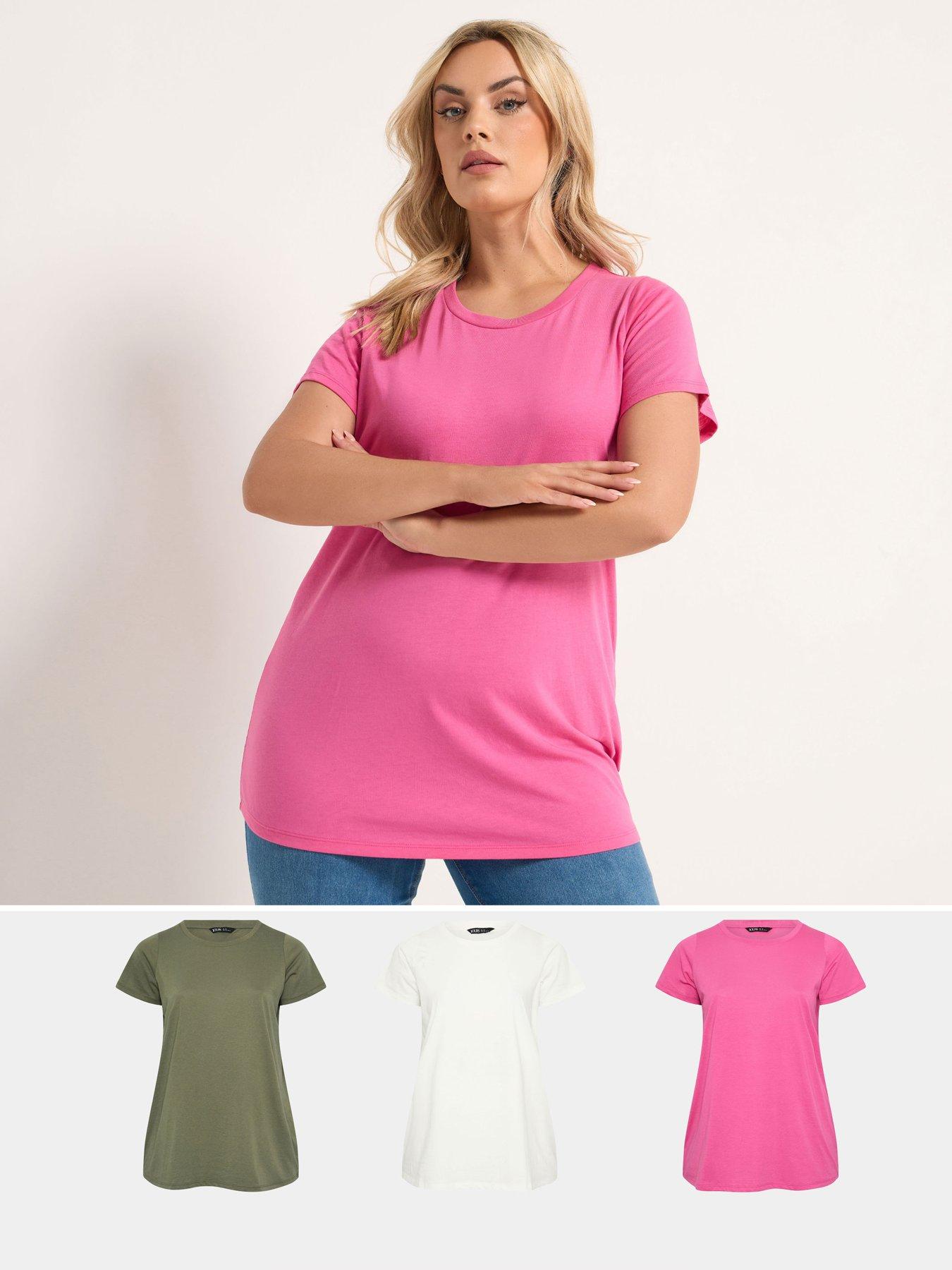 Yours Curve 3 Pack Short Sleeve Basic T-Shirts - Green/Pink/White