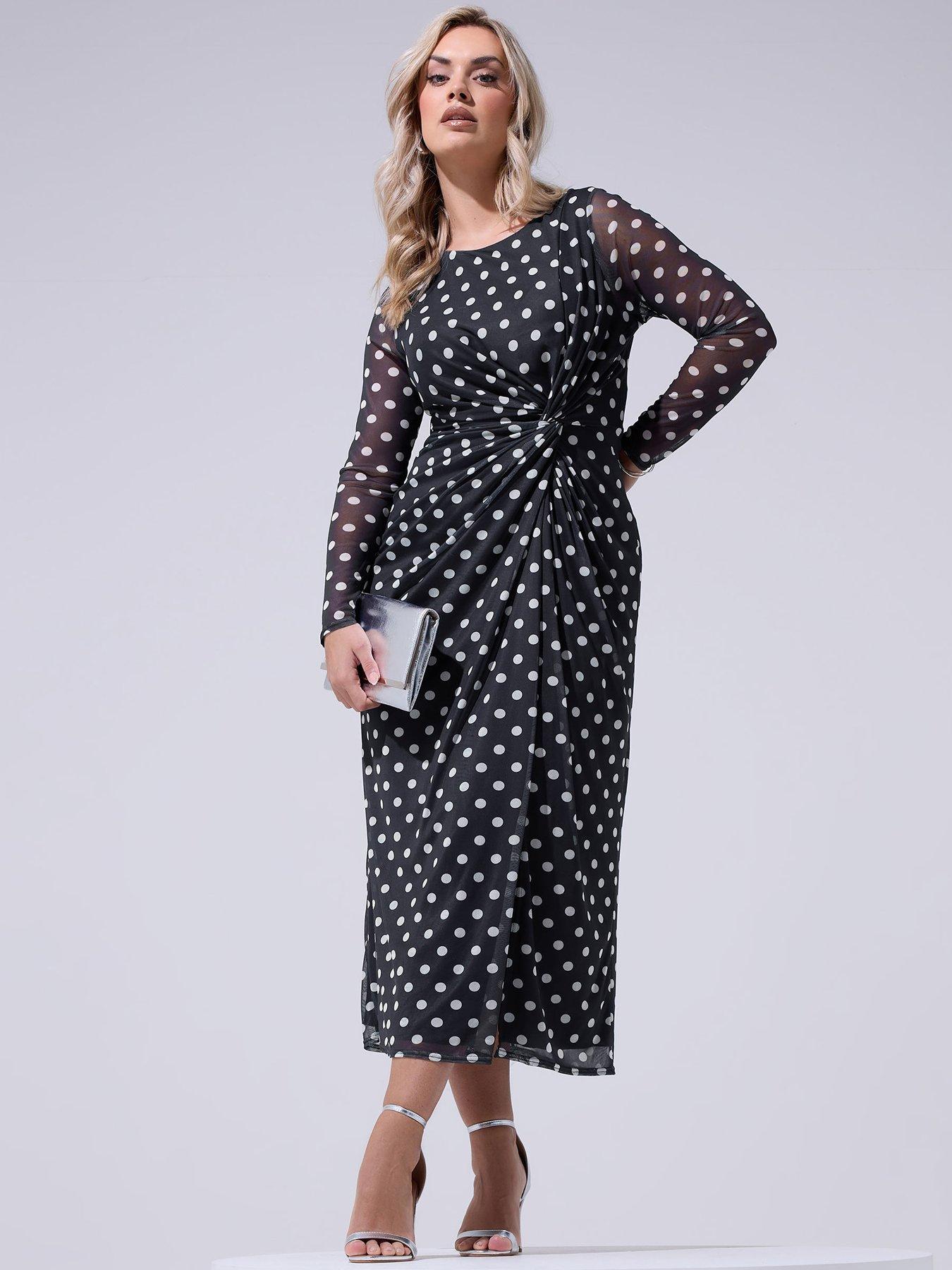 Yours Curve Polka Dot Print Side Knot Dress - Navy