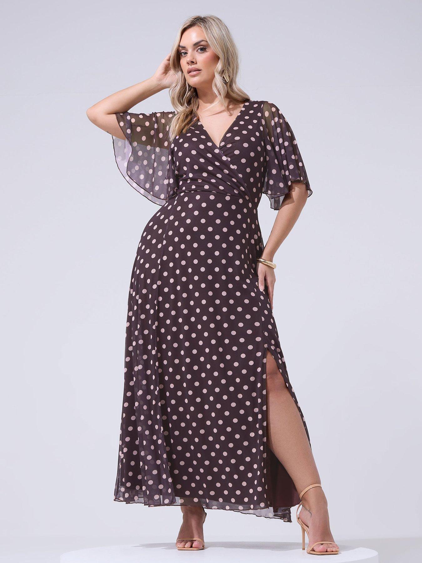 Yours Curve Polka Dot Print Mesh Wrap Maxi Dress - Chocolate-Brown/Pink