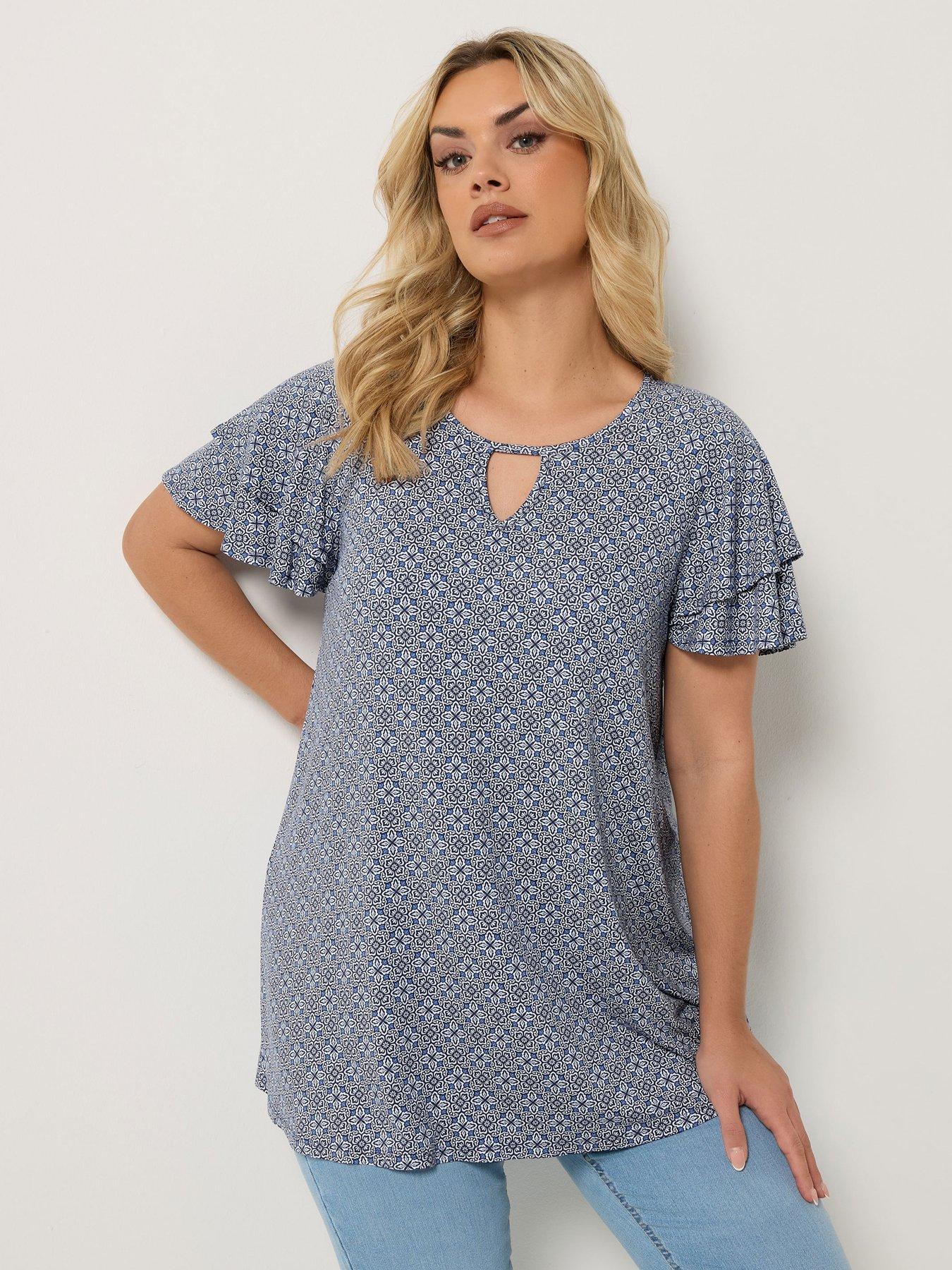 Image 1 of 4 of Yours Curve Double Frill Keyhole Blouse - Blue