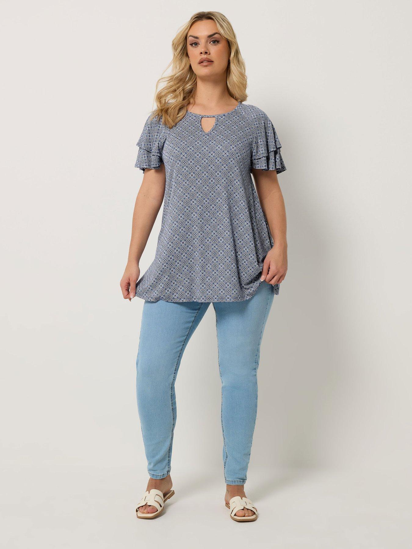 Image 3 of 4 of Yours Curve Double Frill Keyhole Blouse - Blue