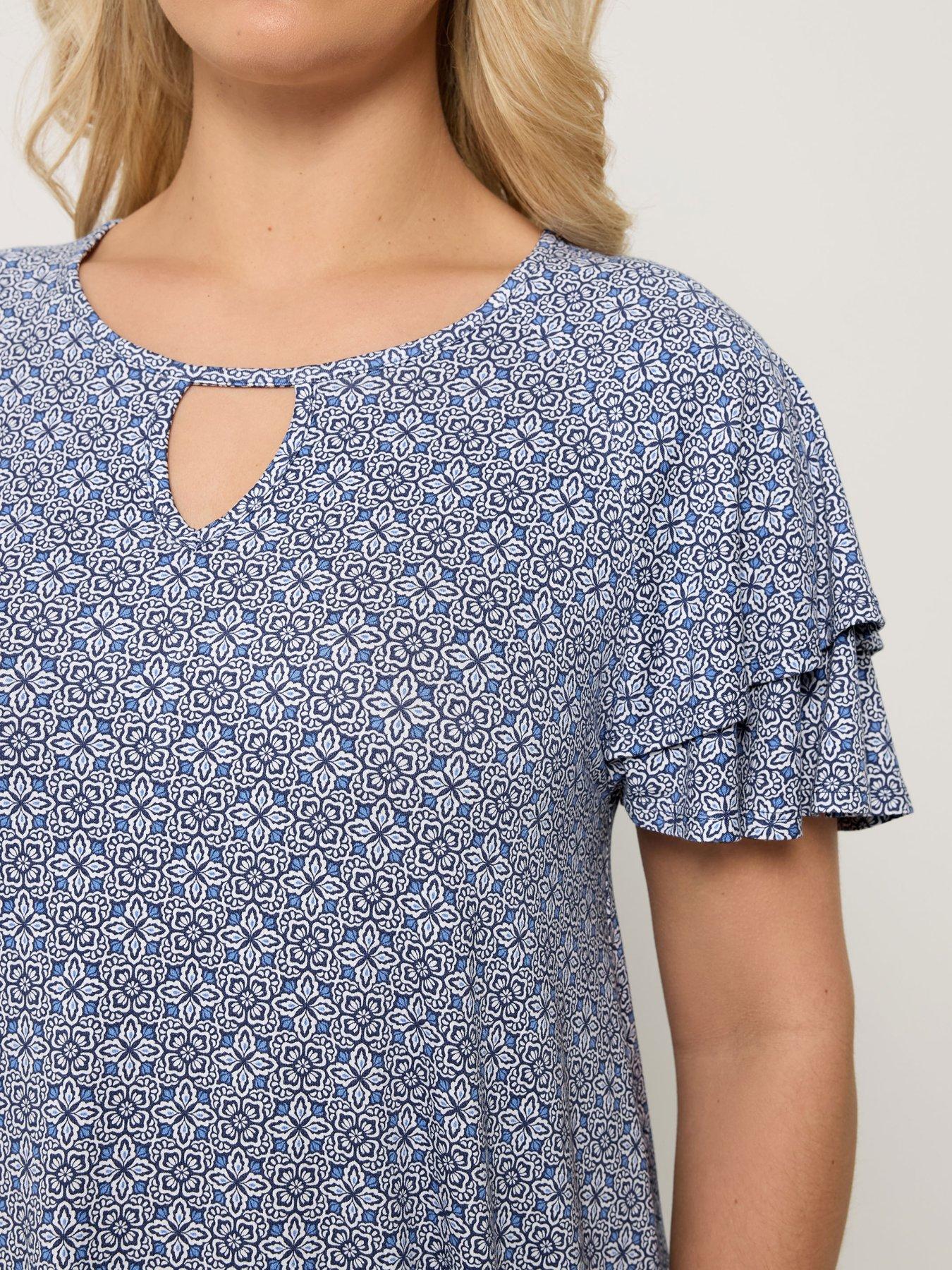Image 4 of 4 of Yours Curve Double Frill Keyhole Blouse - Blue