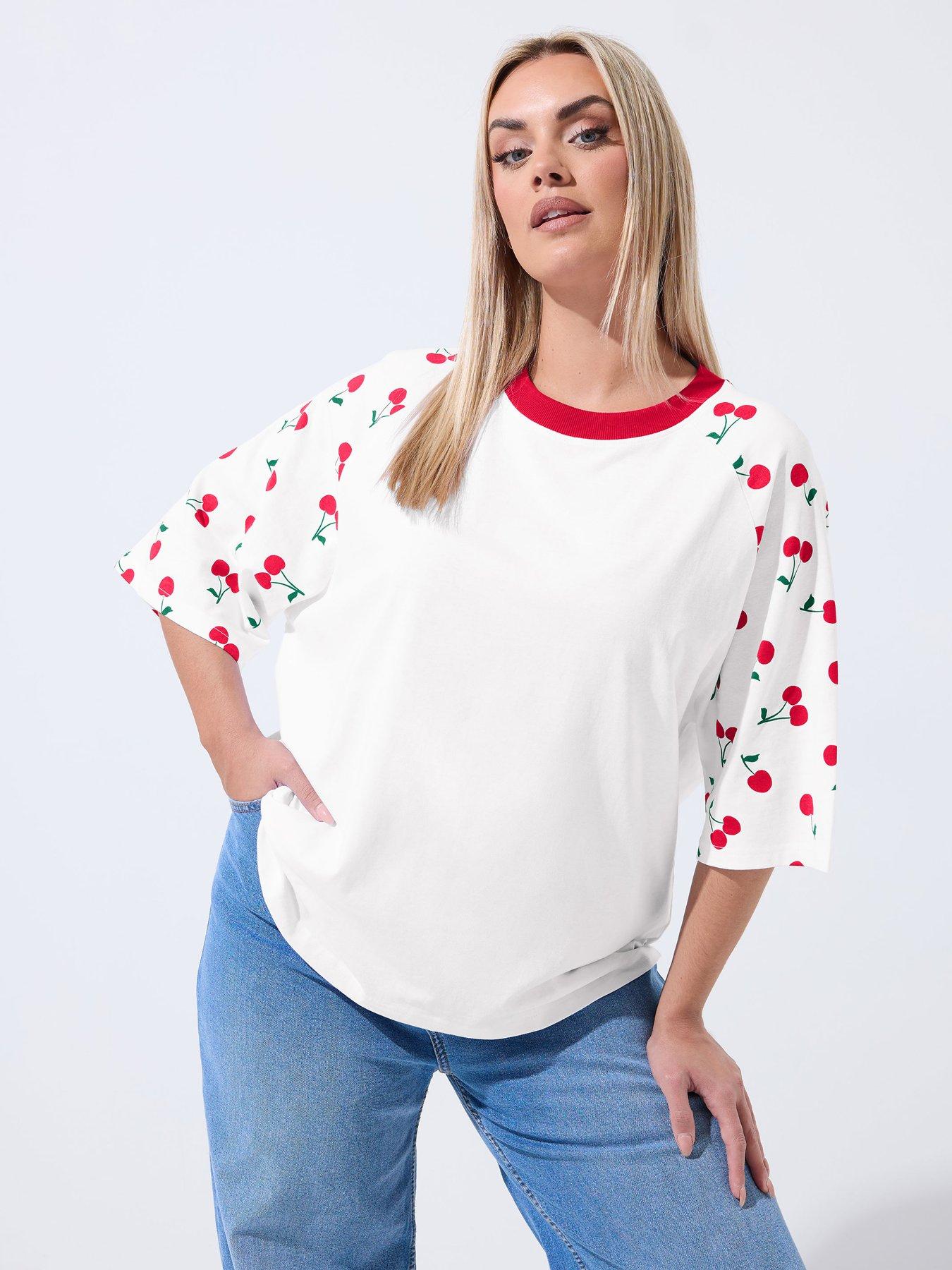 Yours Curve Cherry Print Raglan T-Shirt - White