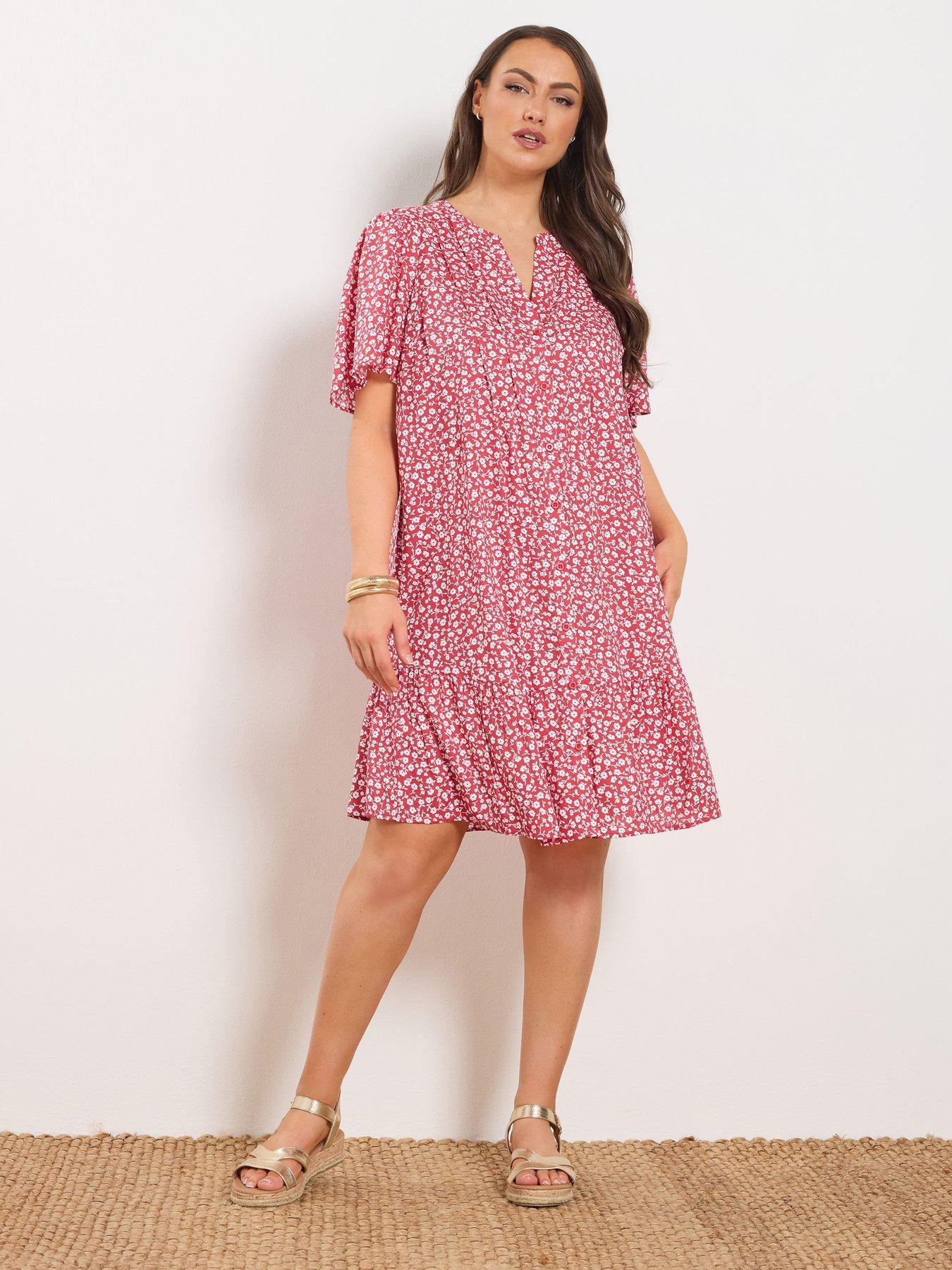 Yours Curve Ditsy Print Notch Neck Smock Dress - Red