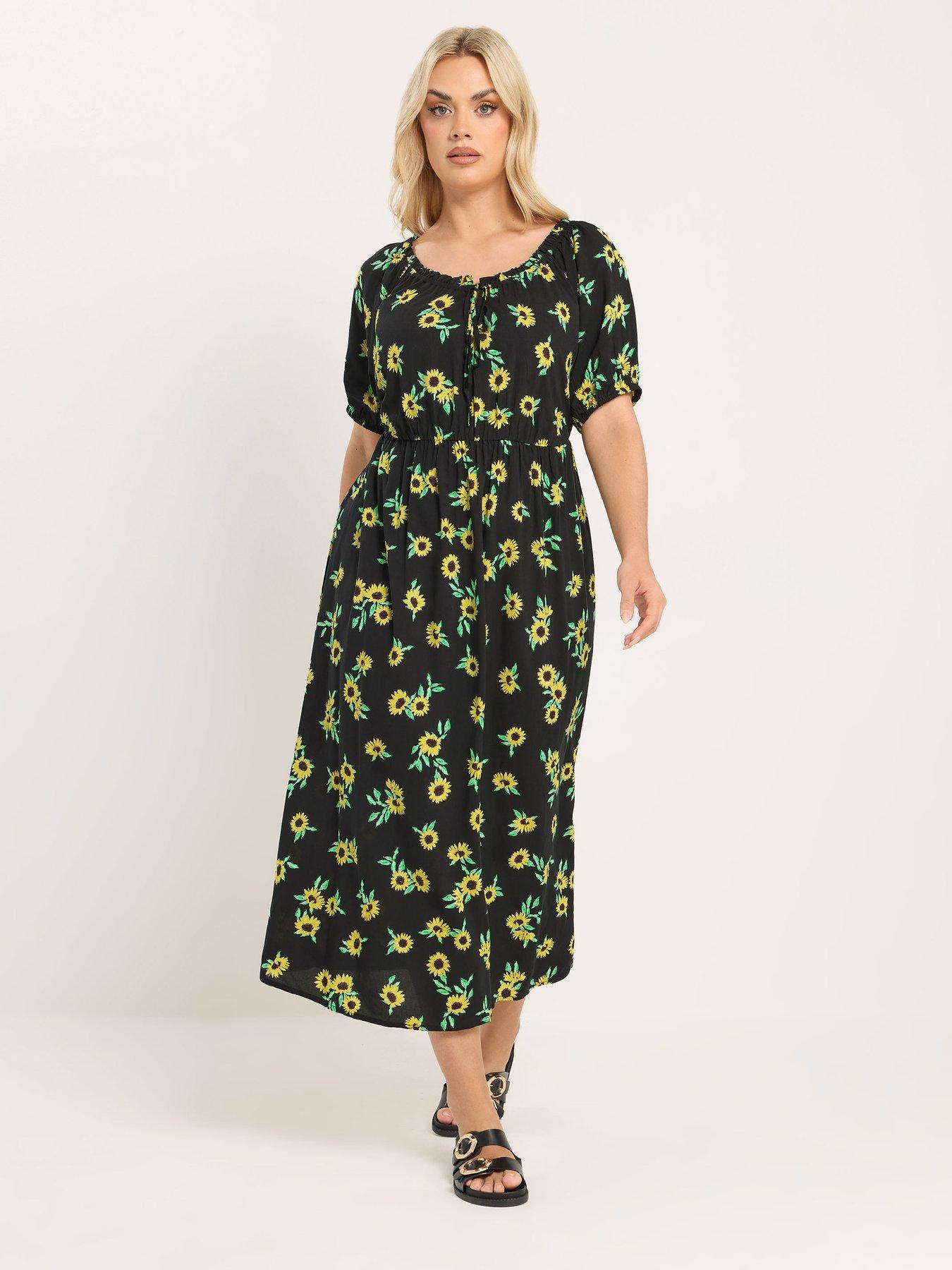 Yours Curve Sunflower Print Gypsy Midaxi Dress - Black | Very