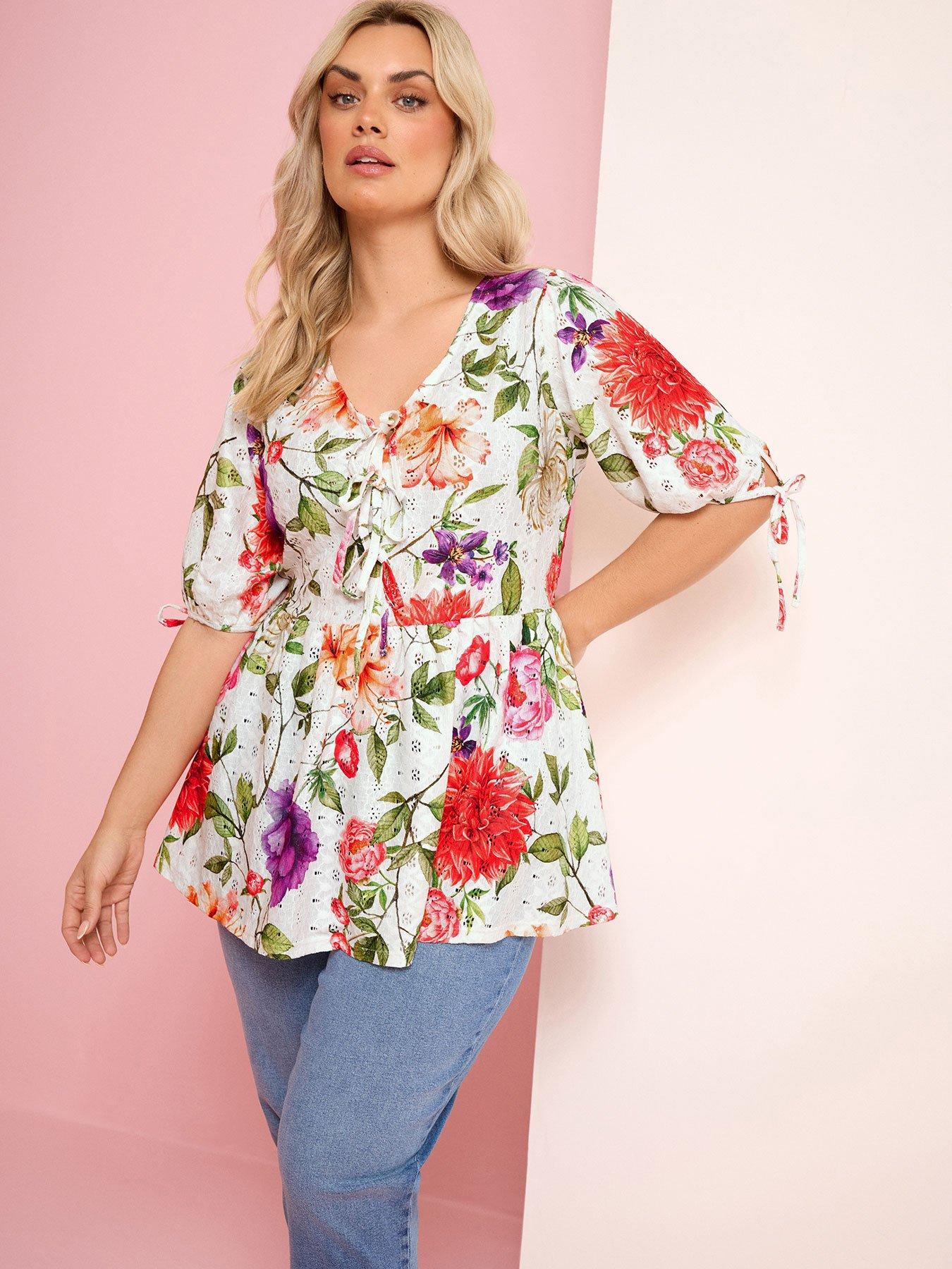 Yours Curve Tie Front Broderie Peplum Top - White