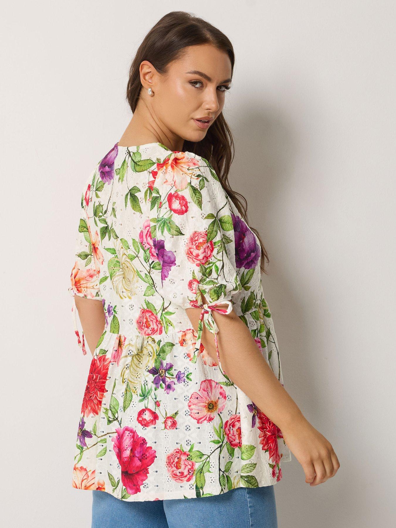 Image 2 of 6 of Yours Curve Tie Front Broderie Peplum Top - White