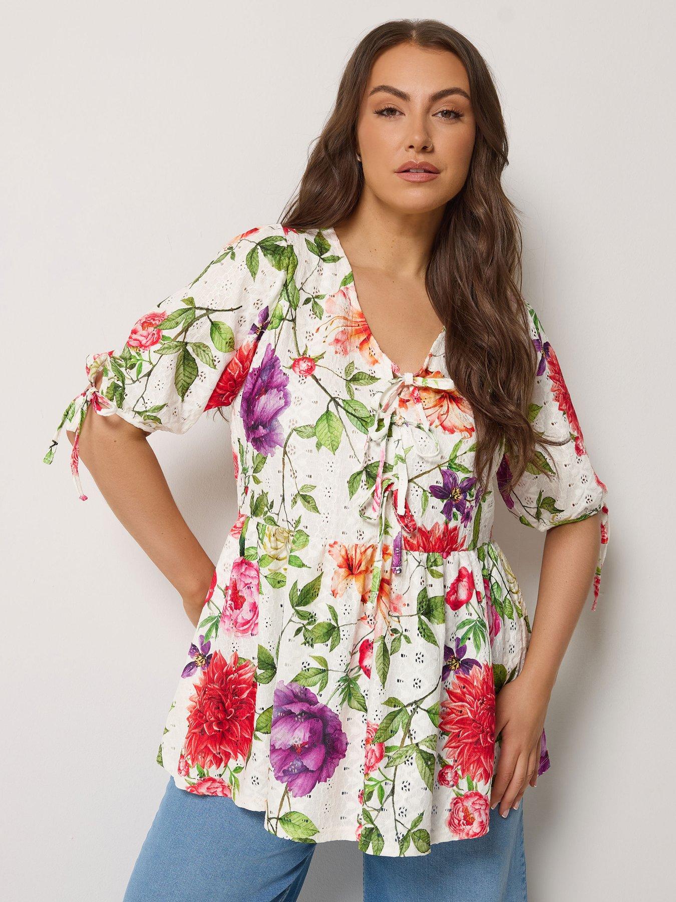 Image 4 of 6 of Yours Curve Tie Front Broderie Peplum Top - White