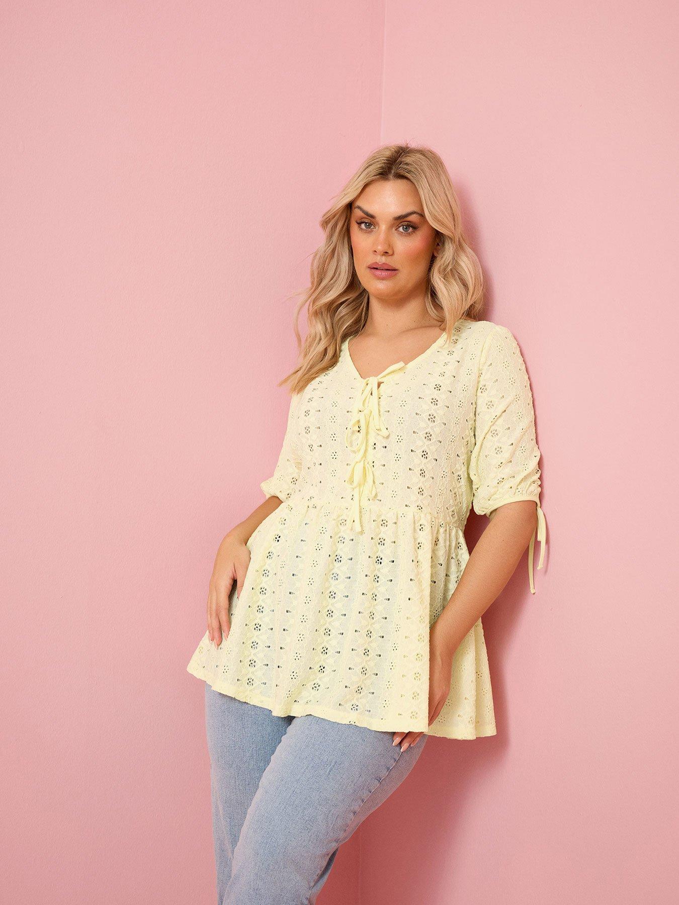 Yours Curve Tie Front Broderie Peplum Top - Yellow