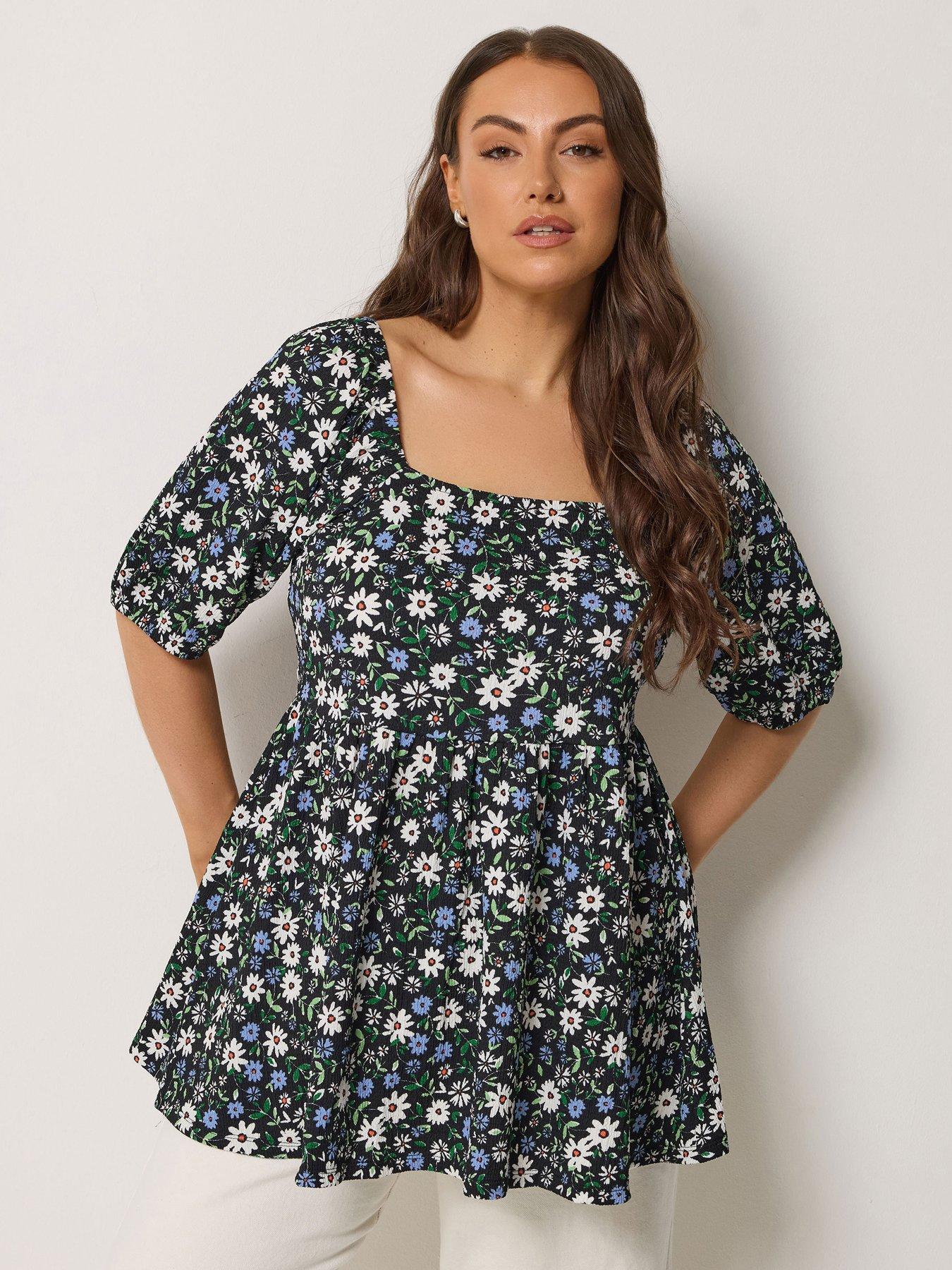 Image 1 of 5 of Yours Curve Square Neck Ditsy Print Peplum Top - Blue