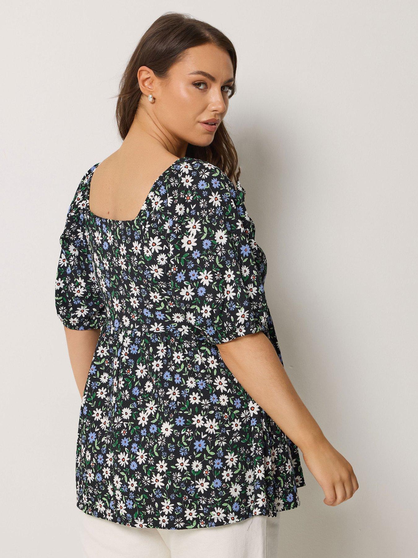 Image 2 of 5 of Yours Curve Square Neck Ditsy Print Peplum Top - Blue