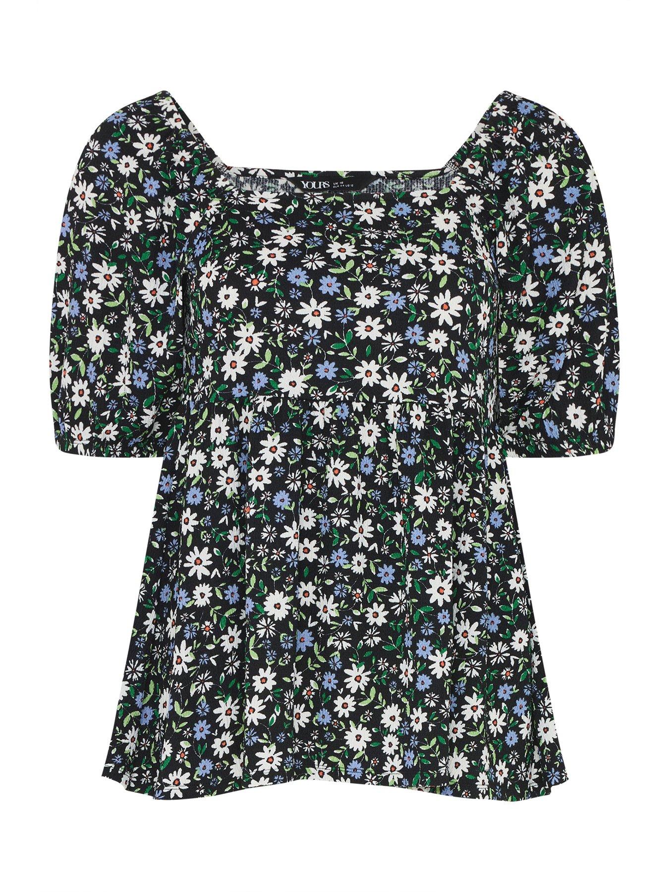 Image 5 of 5 of Yours Curve Square Neck Ditsy Print Peplum Top - Blue