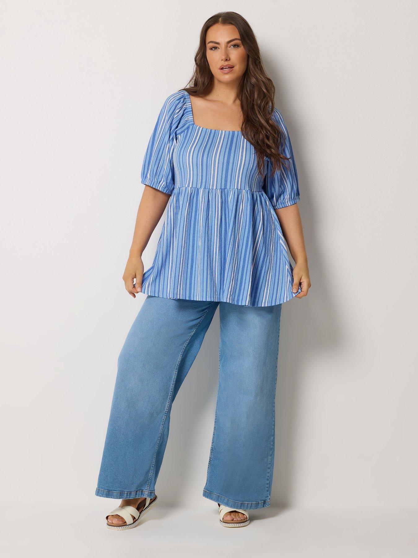 Image 3 of 5 of Yours Curve Square Neck Striped Peplum Top - Blue