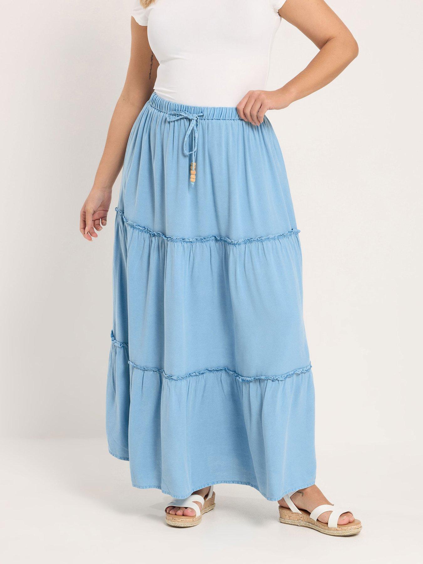 Yours Curve Tiered Chambray Maxi Skirt - Blue