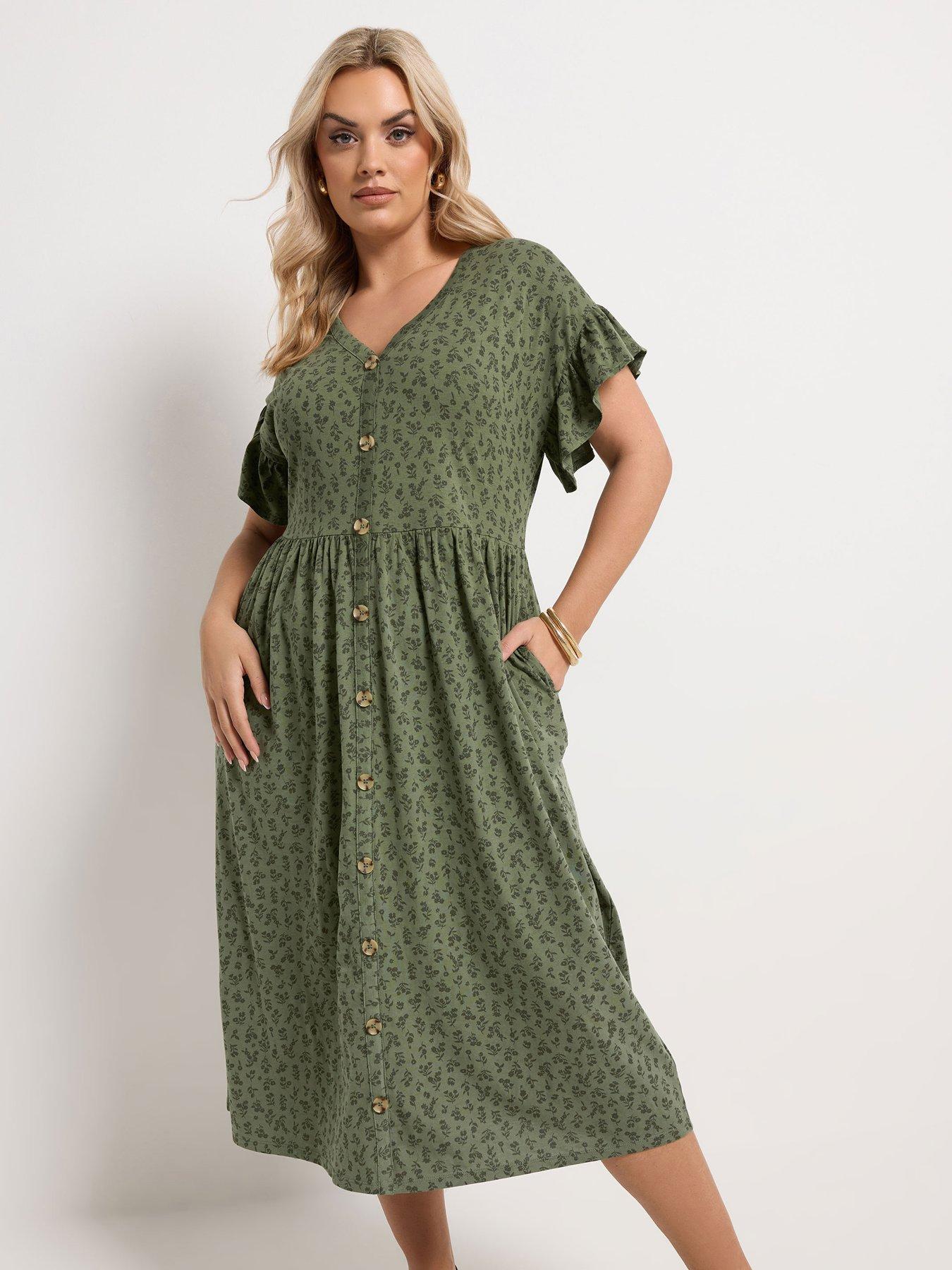 Yours Curve Frill Sleeve Button Front Dress - Green