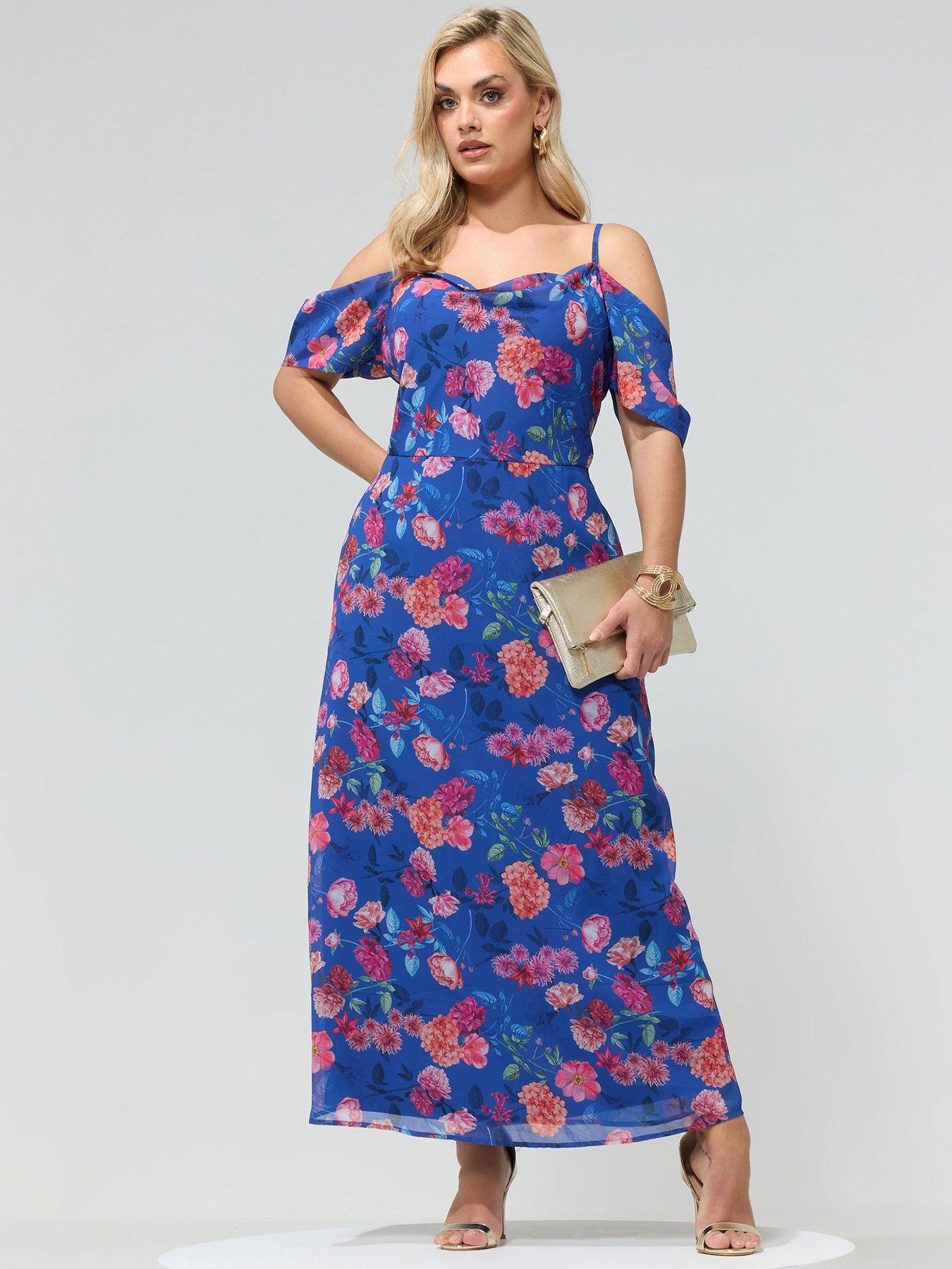Yours Curve Floral Cold Shoulder Maxi Dress - Blue