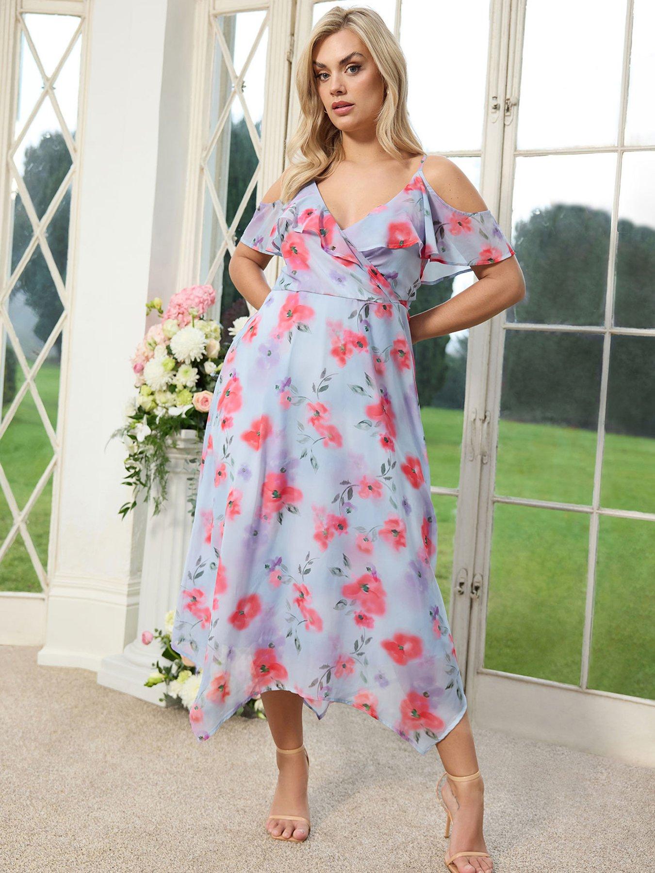 Yours Curve Floral Ruffle Hanky Hem Wrap Dress - Blue | Very