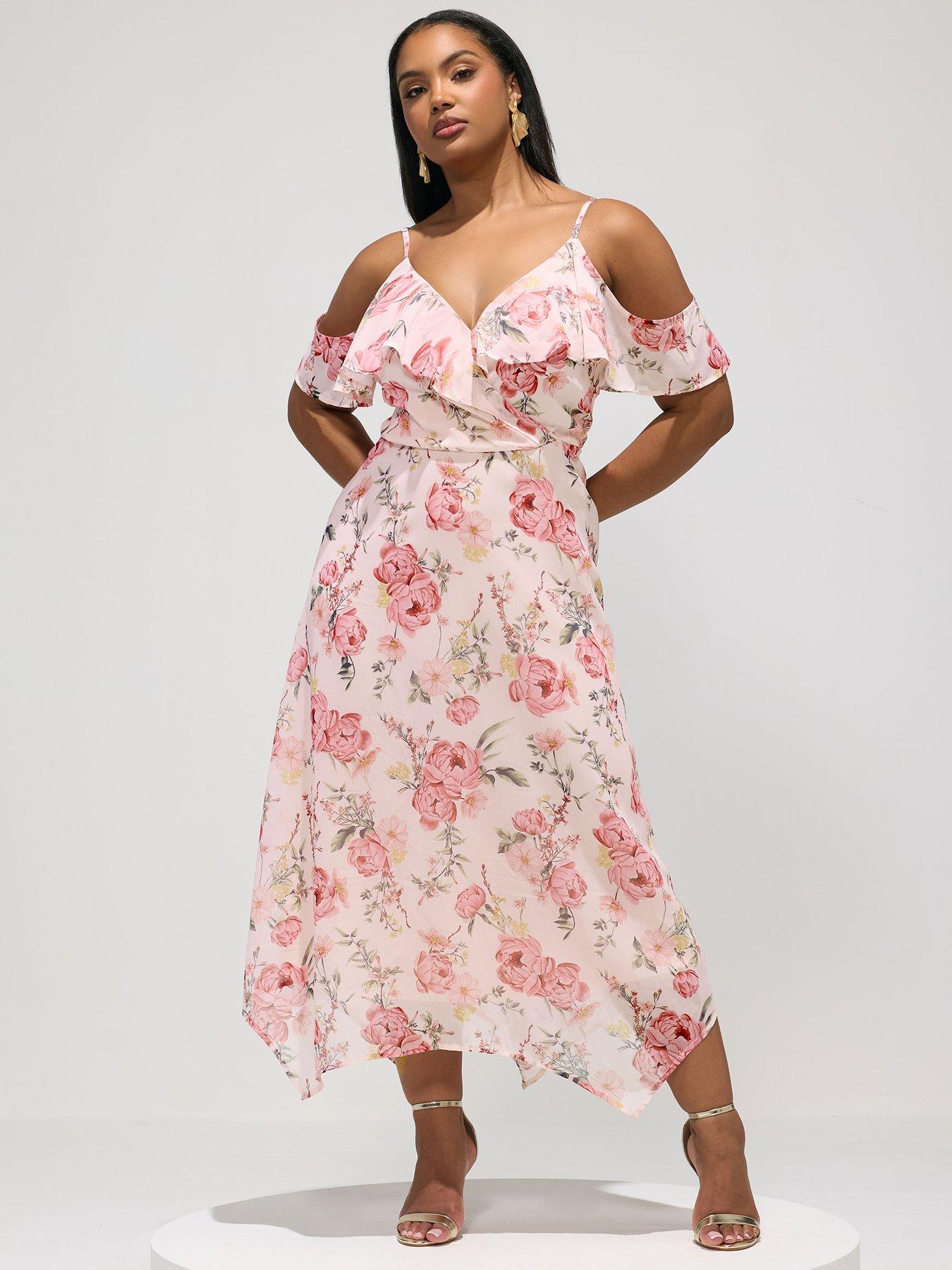 Yours Curve Floral Ruffle Hanky Hem Wrap Dress - Pink