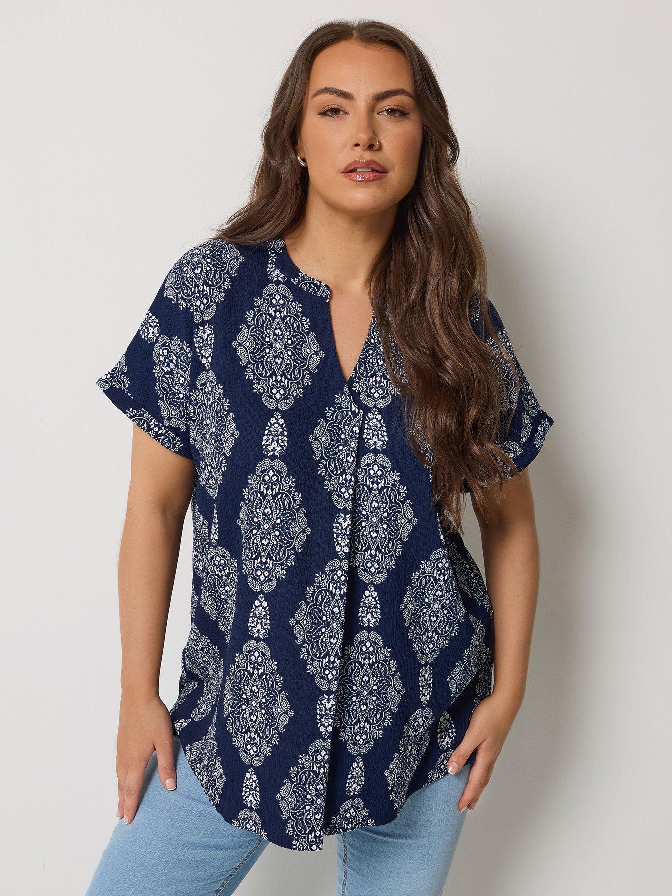 Yours Curve Pleat Front Textured Top - Blue