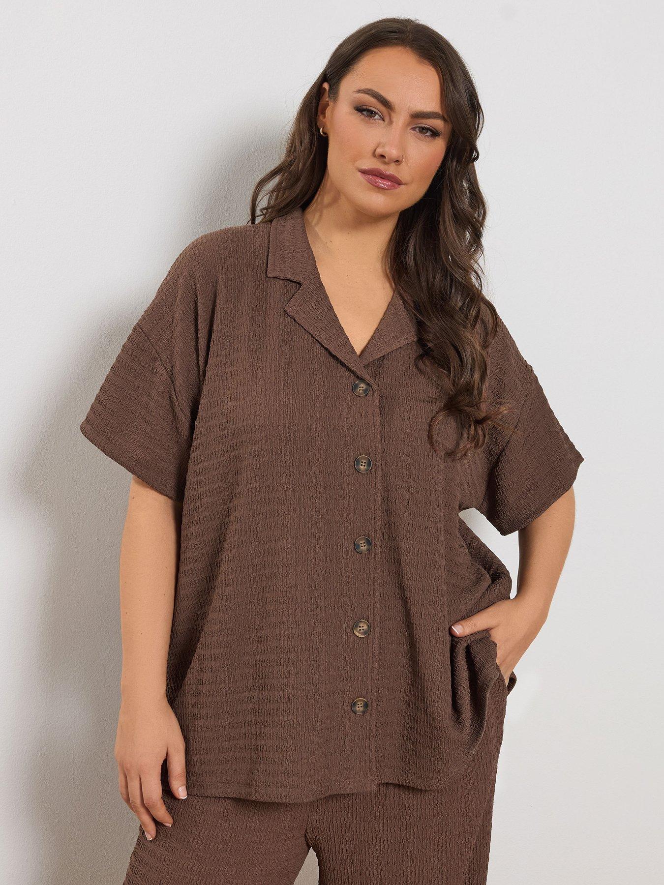Yours Curve Textured Resort Shirt - Brown