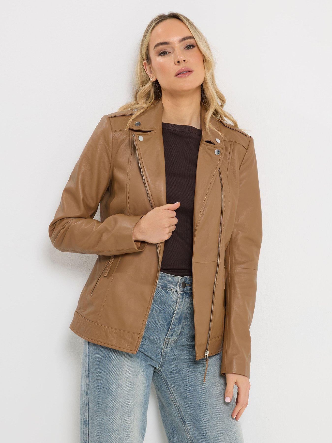 Image 1 of 4 of Long Tall Sally Premium Leather Biker Jacket - Brown